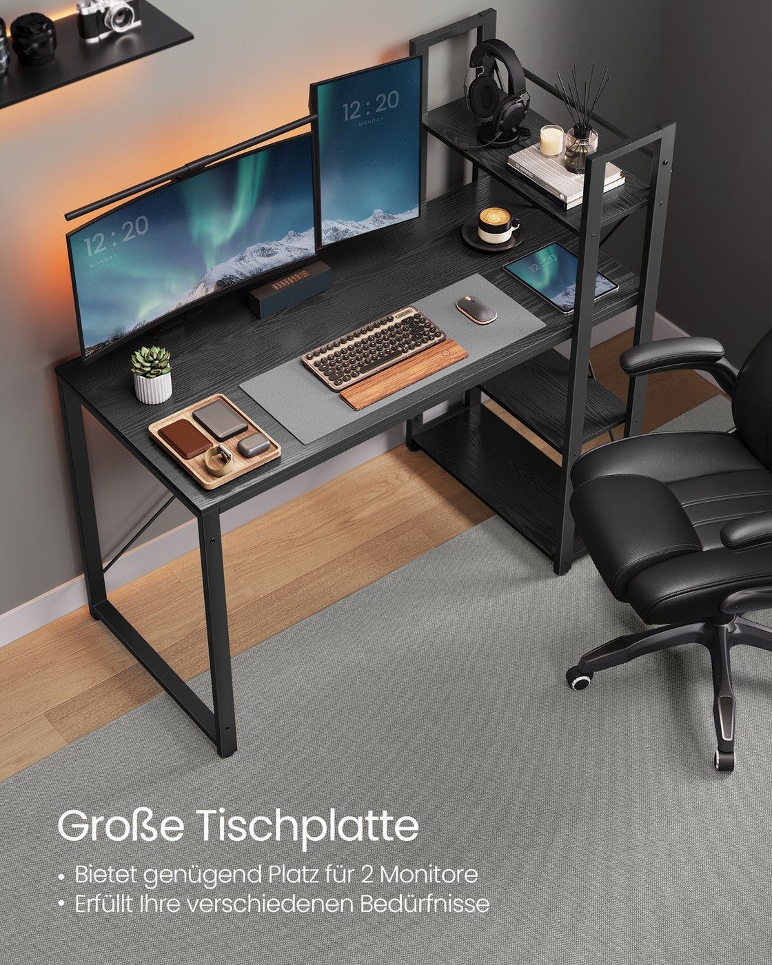 Schreibtisch mit Bücherregal – 120 cm breit – Flexible Regalmontage links oder rechts – Industriedesign – Bis zu 100 kg belastbar