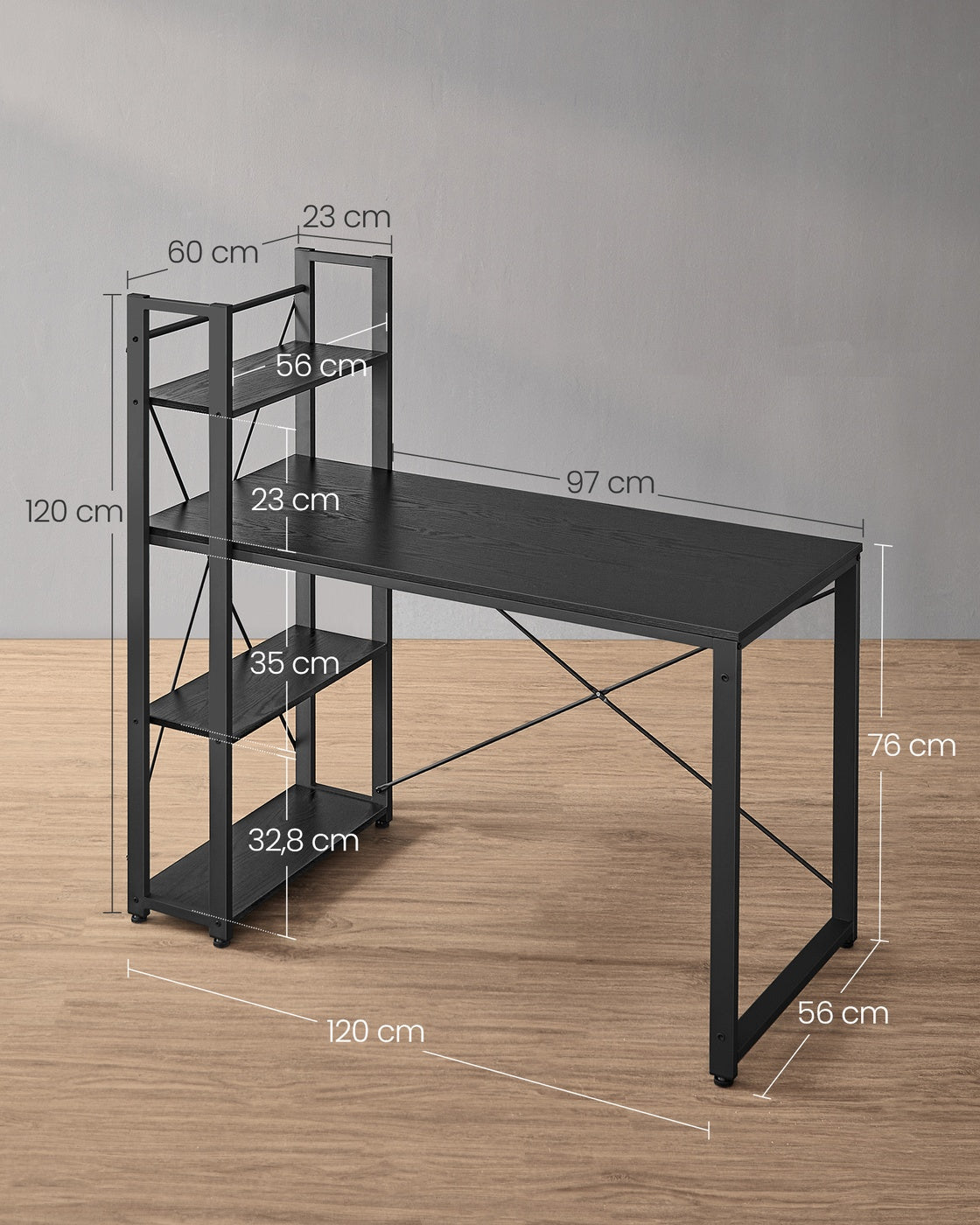 Schreibtisch mit Bücherregal – 120 cm breit – Flexible Regalmontage links oder rechts – Industriedesign – Bis zu 100 kg belastbar