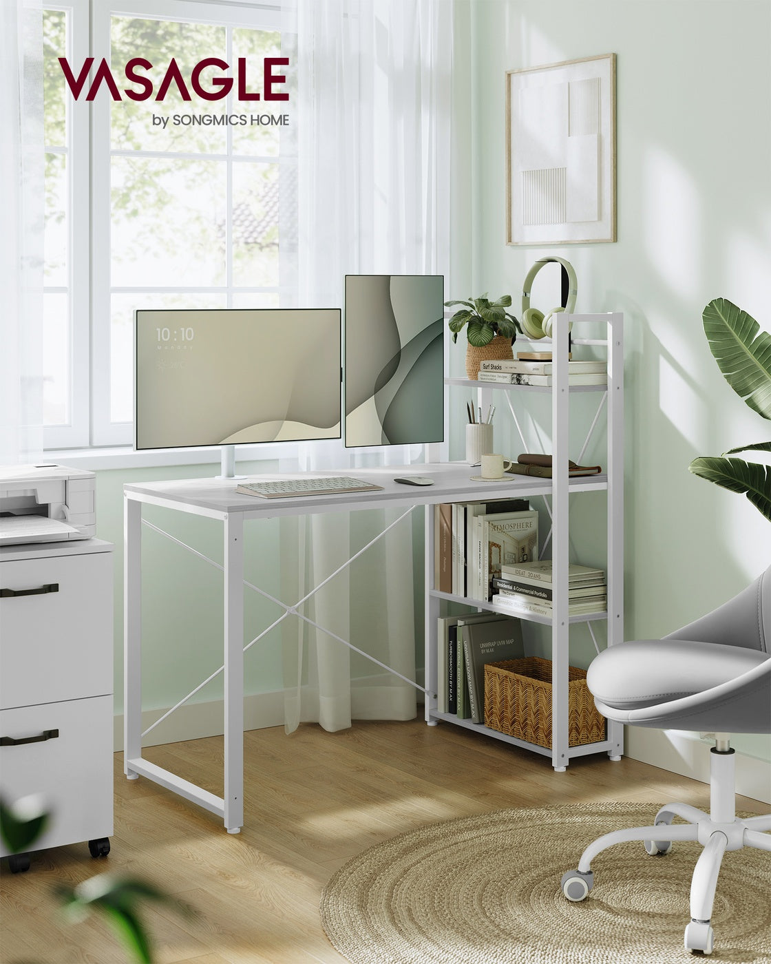 Schreibtisch mit Bücherregal – 120 cm breit – Flexible Regalmontage links oder rechts – Industriedesign – Bis zu 100 kg belastbar