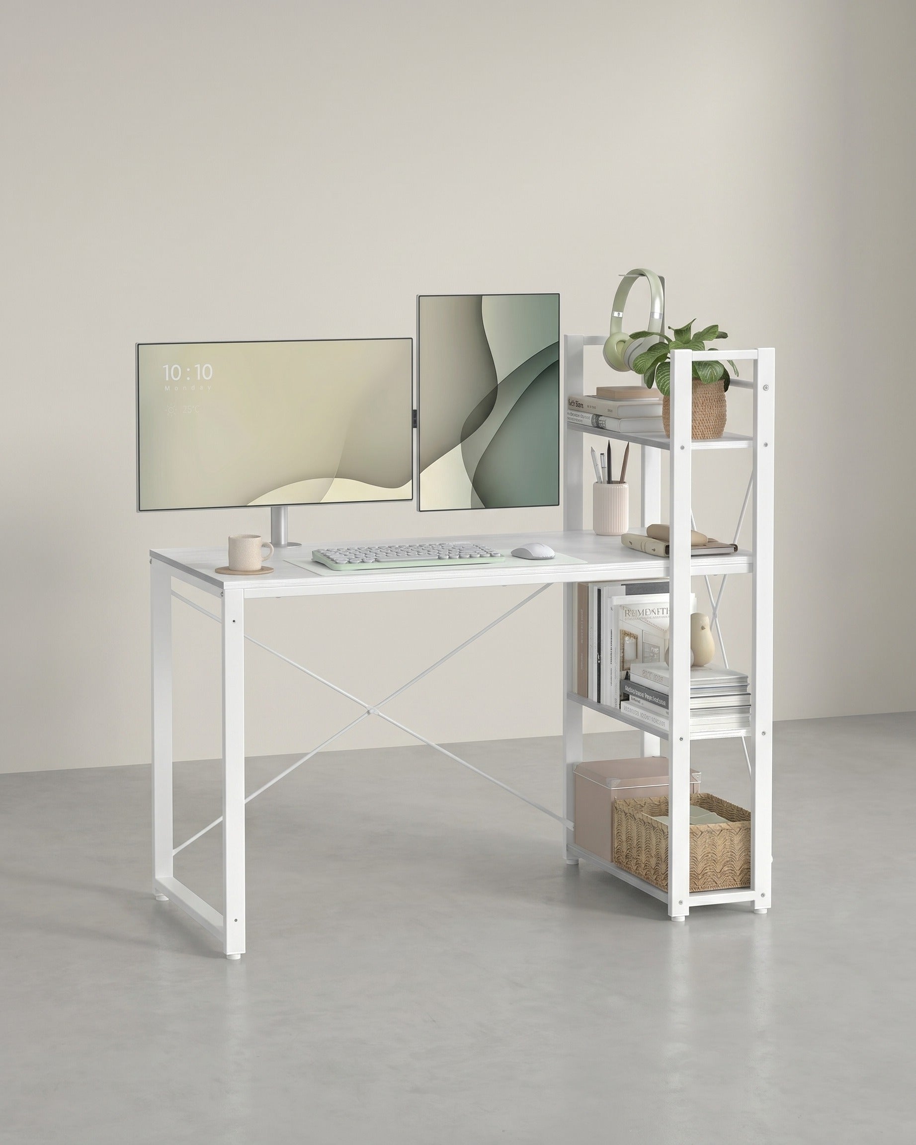 Schreibtisch mit Bücherregal – 120 cm breit – Flexible Regalmontage links oder rechts – Industriedesign – Bis zu 100 kg belastbar – Weiß