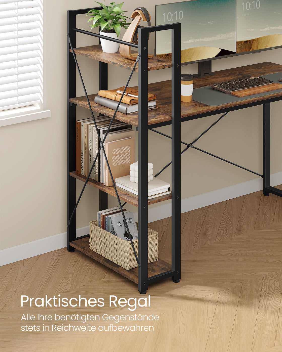 Industrie-Schreibtisch mit 3 Ablagen – 120 cm – Rechts oder Links montierbar – Verstellbare Füße – Bis 50 kg belastbar