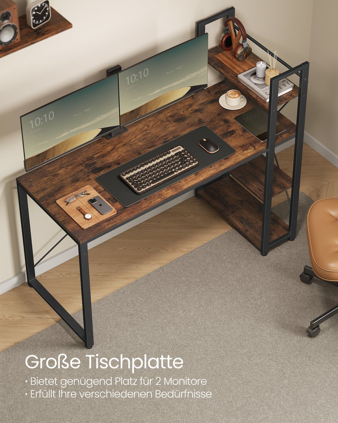 Industrie-Schreibtisch mit 3 Ablagen – 120 cm – Rechts oder Links montierbar – Verstellbare Füße – Bis 50 kg belastbar