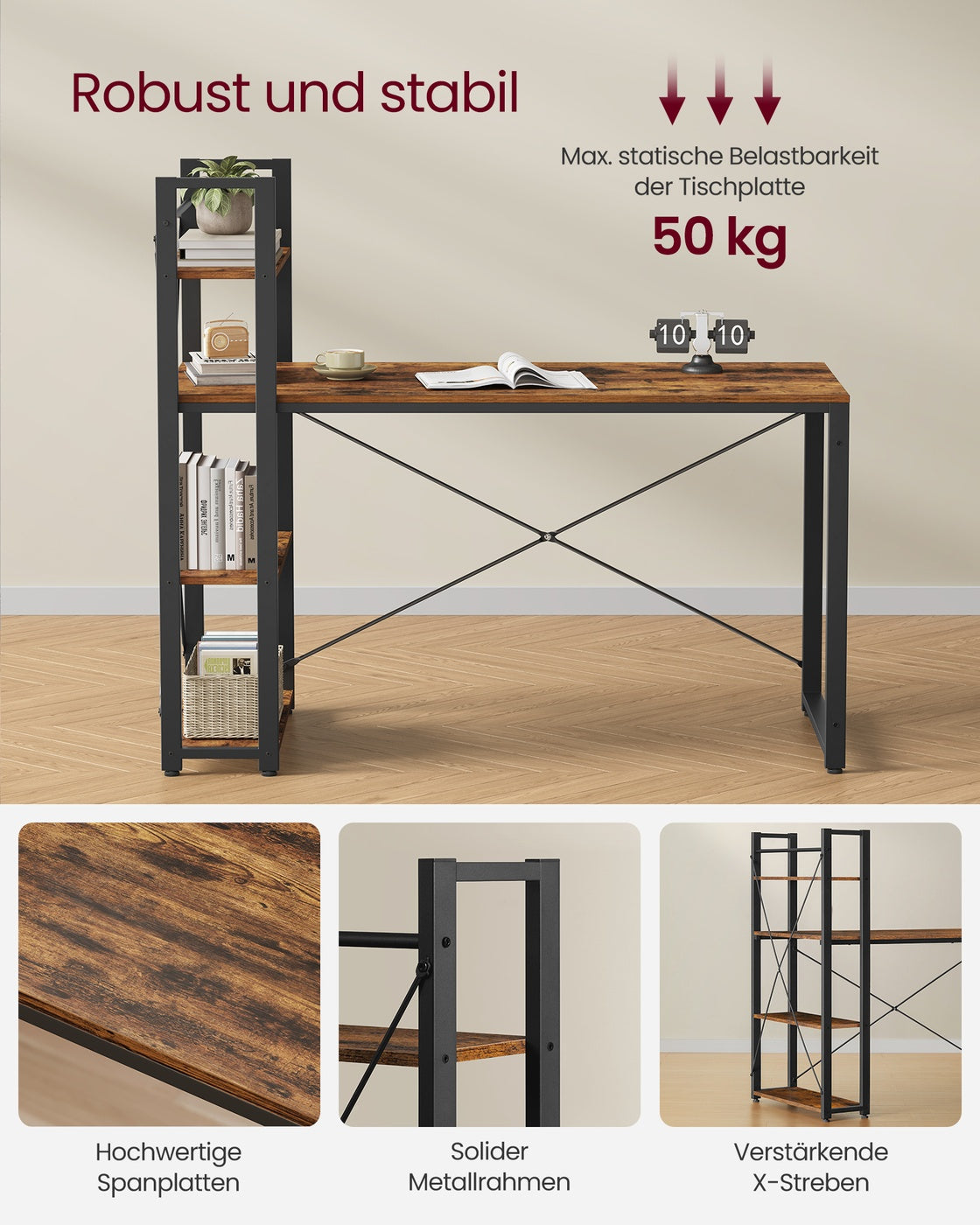 Industrie-Schreibtisch mit 3 Ablagen – 120 cm – Rechts oder Links montierbar – Verstellbare Füße – Bis 50 kg belastbar
