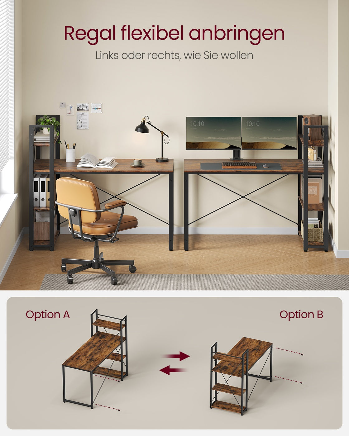 Industrie-Schreibtisch mit 3 Ablagen – 120 cm – Rechts oder Links montierbar – Verstellbare Füße – Bis 50 kg belastbar