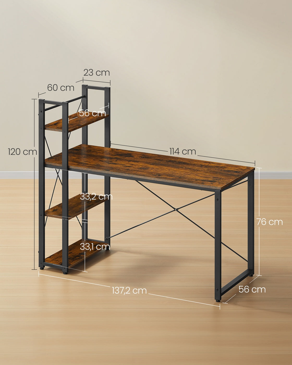 Industrie-Schreibtisch mit 3 Ablagen – 120 cm – Rechts oder Links montierbar – Verstellbare Füße – Bis 50 kg belastbar