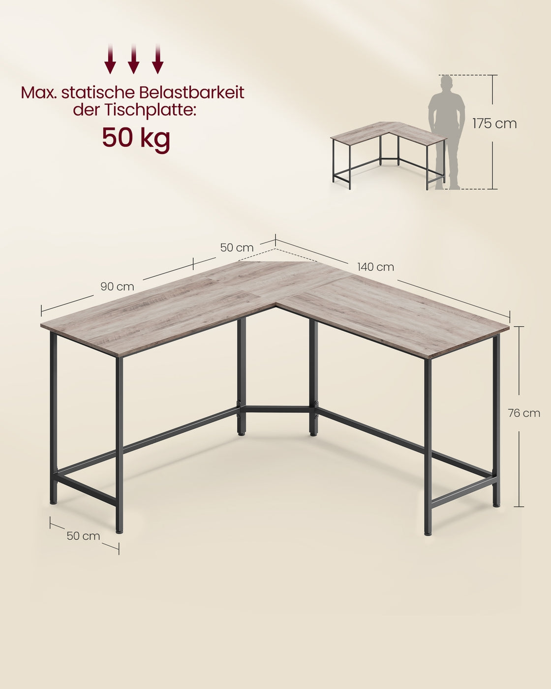L-förmiger Schreibtisch – Eckschreibtisch mit Kabeldurchführung – Schwarz – 149 x 149 cm – Geräumig und platzsparend – Bis zu 50 kg belastbar