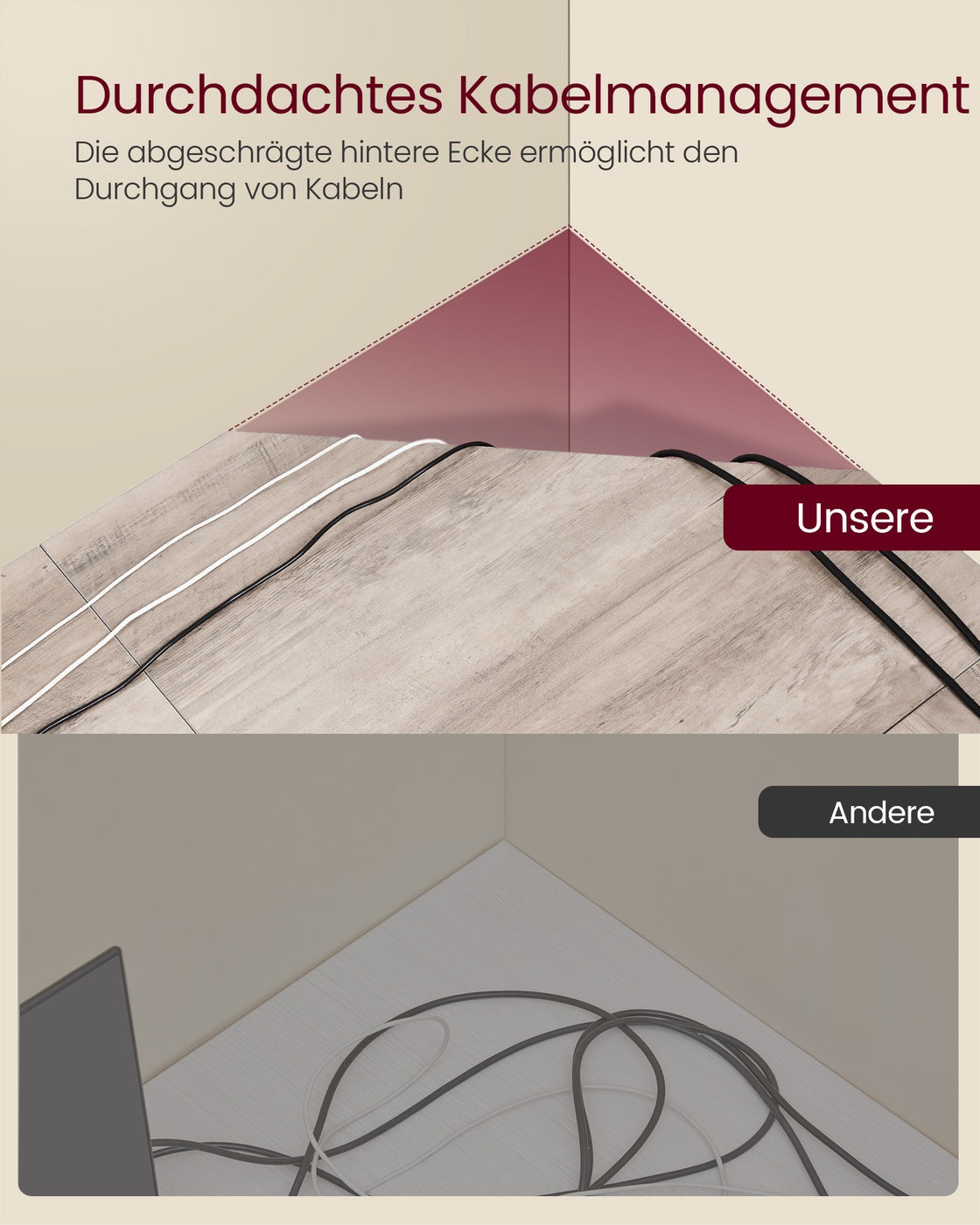 L-förmiger Schreibtisch – Eckschreibtisch mit Kabeldurchführung – Schwarz – 149 x 149 cm – Geräumig und platzsparend – Bis zu 50 kg belastbar