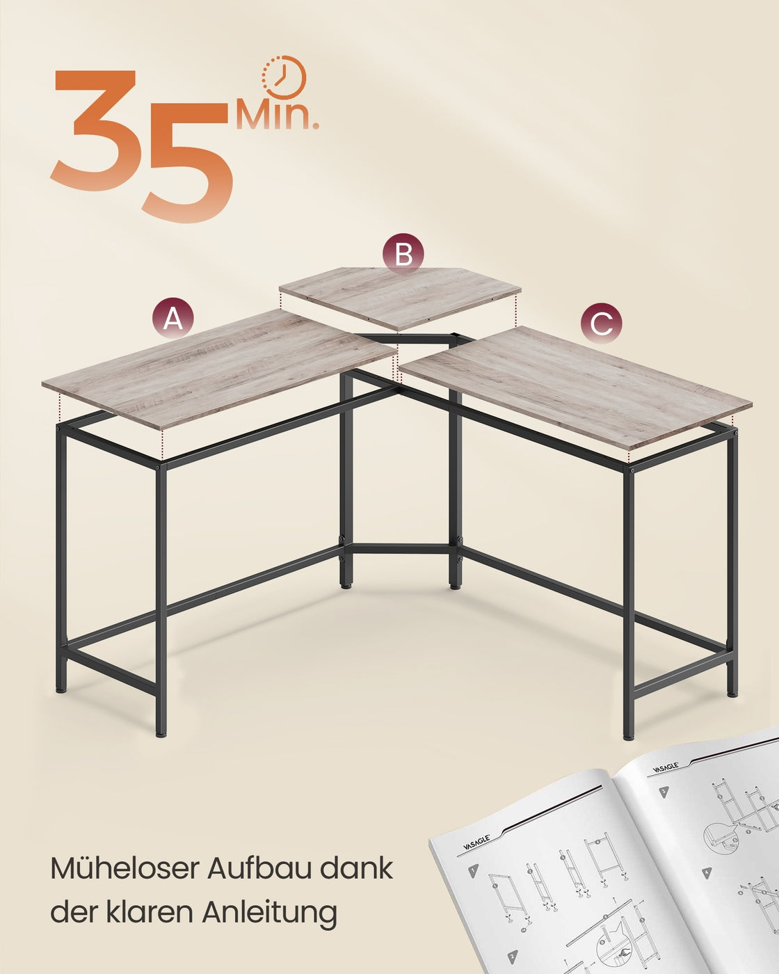 L-förmiger Schreibtisch – Eckschreibtisch mit Kabeldurchführung – Schwarz – 149 x 149 cm – Geräumig und platzsparend – Bis zu 50 kg belastbar