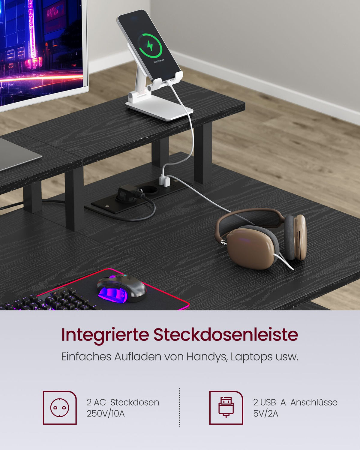Schreibtisch mit LED-Beleuchtung - Computertisch mit USB und Steckdose