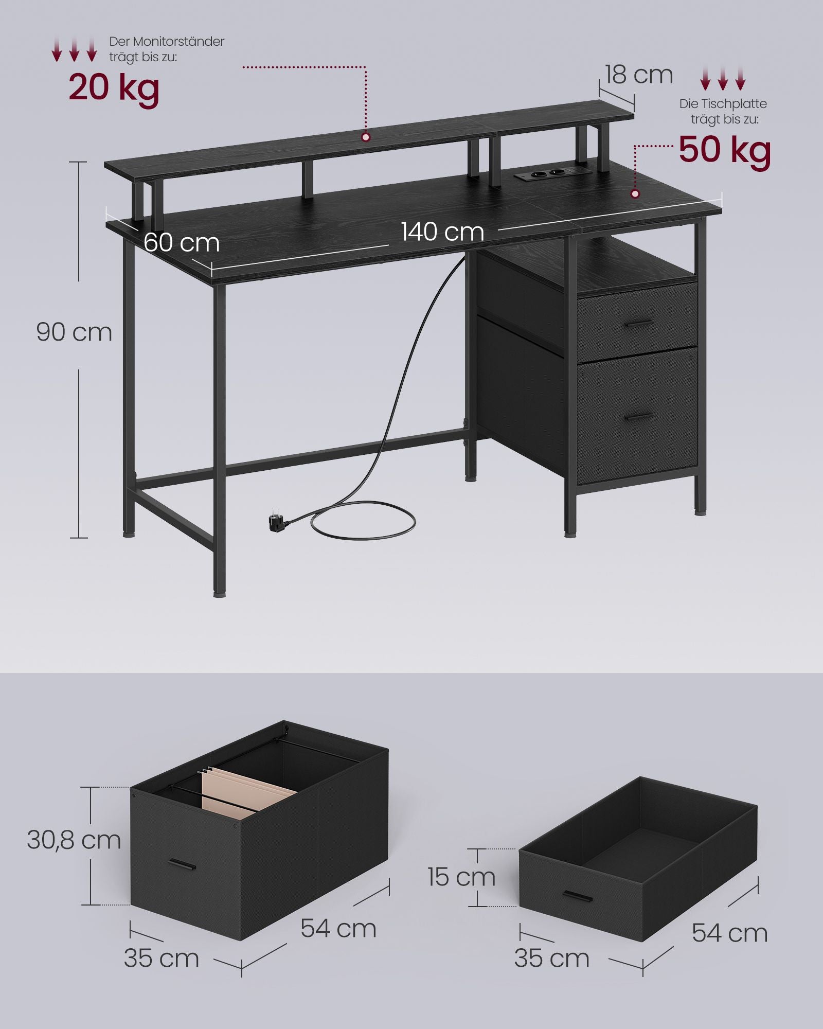 Schreibtisch mit LED-Beleuchtung - Computertisch mit USB und Steckdose