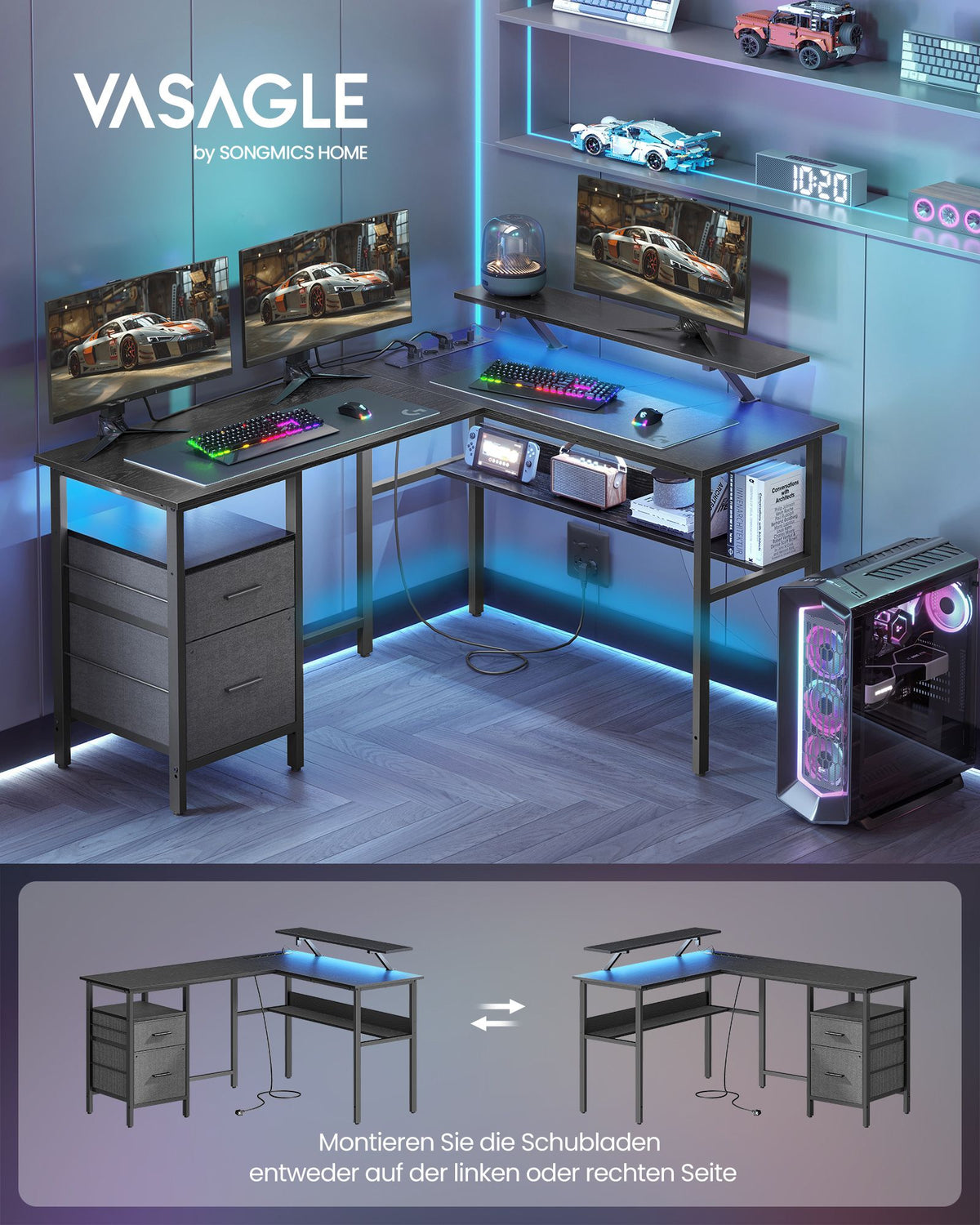 L-förmiger Eckschreibtisch mit LED-Beleuchtung und Steckdosen - USB-Anschlüssen - Gaming-Schreibtisch