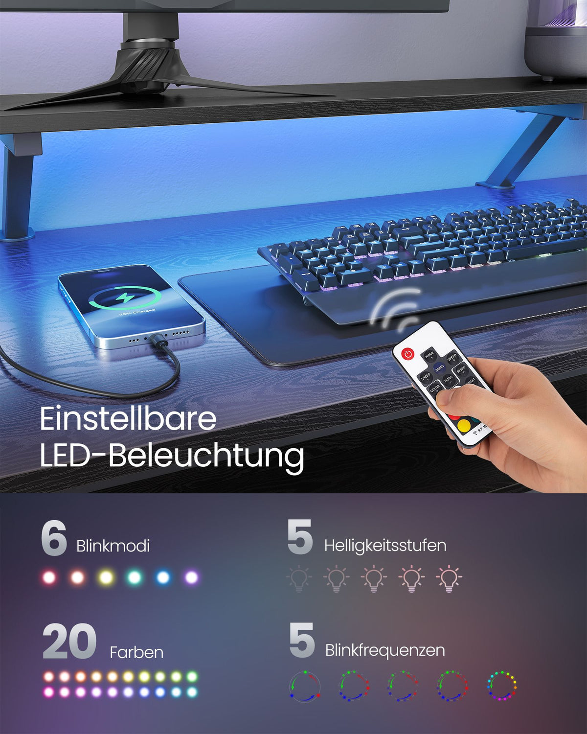 L-förmiger Eckschreibtisch mit LED-Beleuchtung und Steckdosen - USB-Anschlüssen - Gaming-Schreibtisch