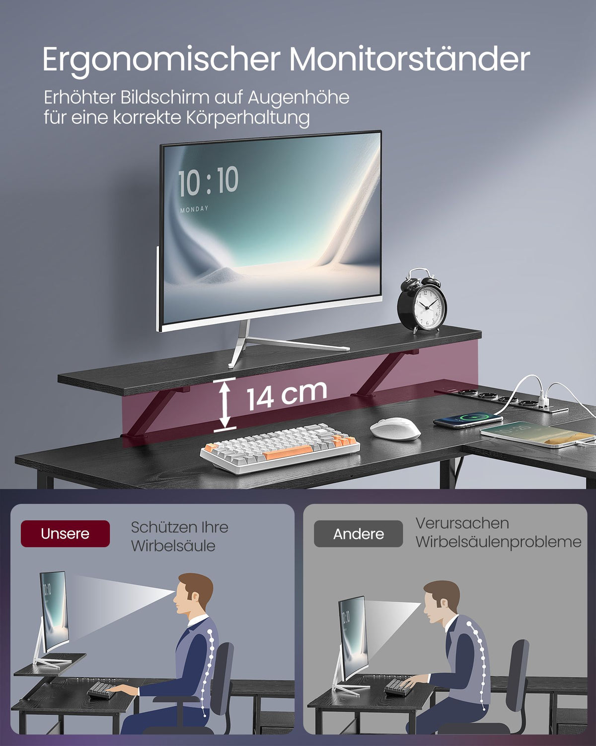 L-förmiger Eckschreibtisch mit LED-Beleuchtung und Steckdosen - USB-Anschlüssen - Gaming-Schreibtisch