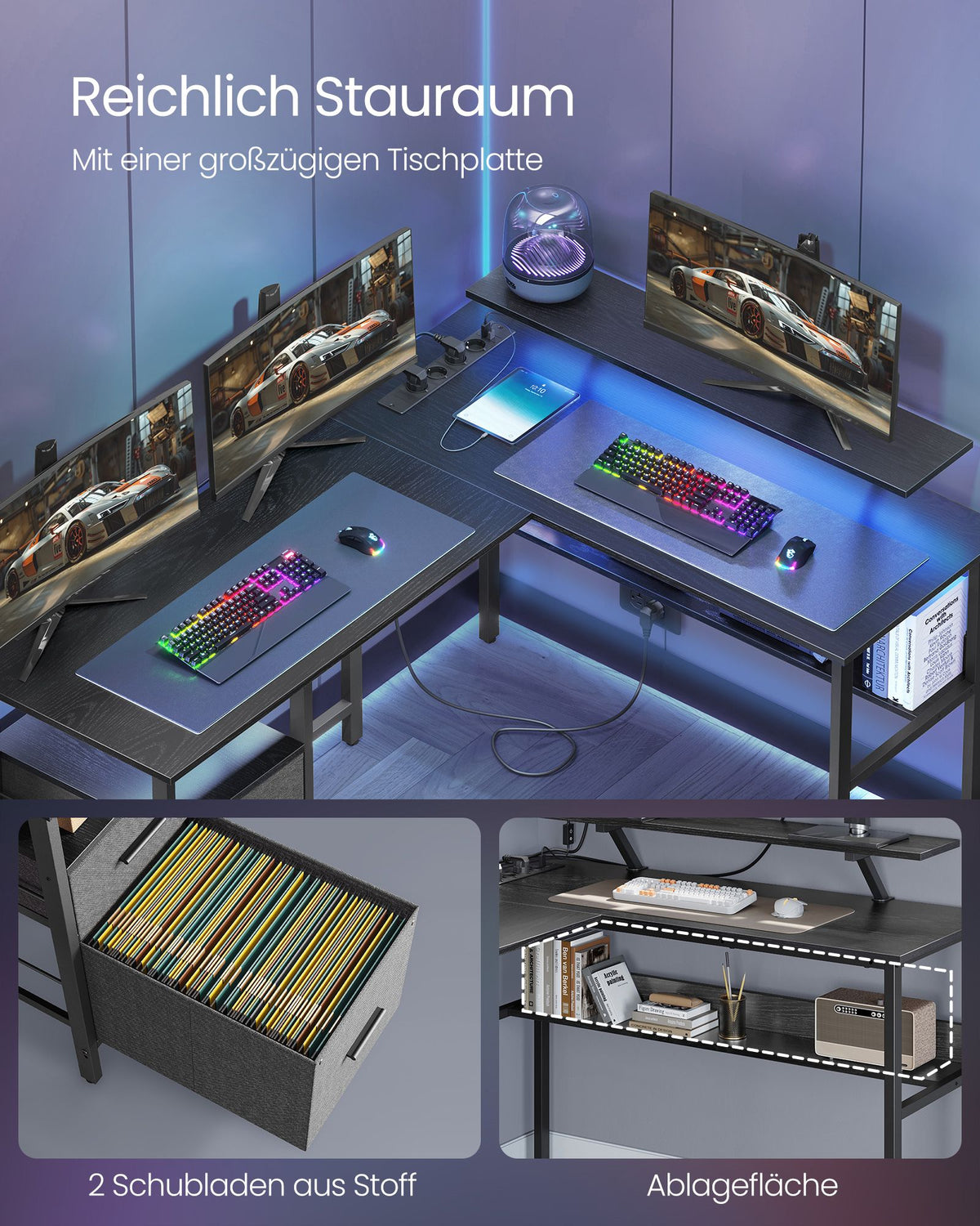 L-förmiger Eckschreibtisch mit LED-Beleuchtung und Steckdosen - USB-Anschlüssen - Gaming-Schreibtisch