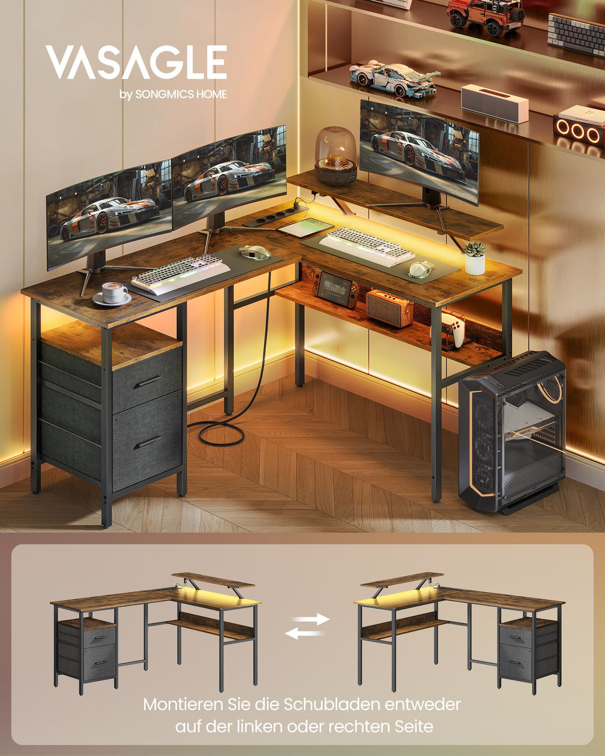 L-förmiger Eckschreibtisch mit LED-Beleuchtung und Steckdosen - USB-Anschlüssen - Gaming-Schreibtisch