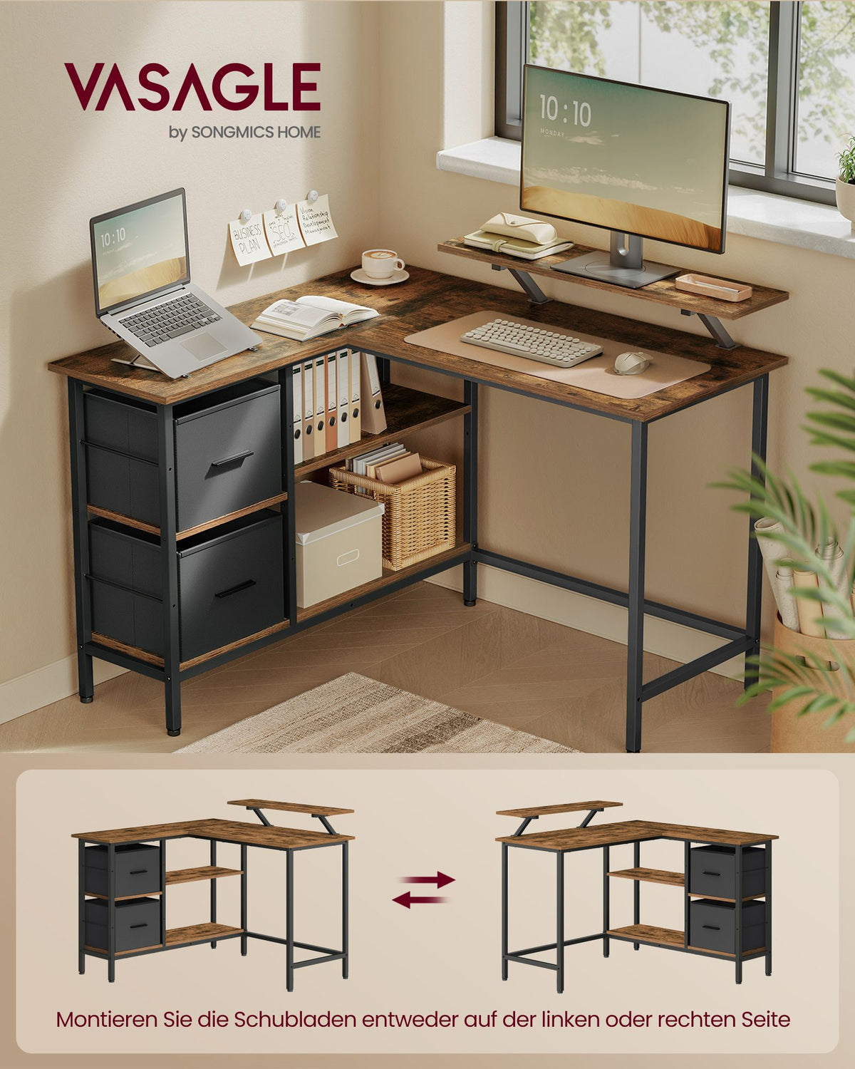 L-förmiger Schreibtisch mit Monitorständer – Eckschreibtisch mit 2 Schubladen und verstellbarem Regal – 135 x 105 x 89,5 cm