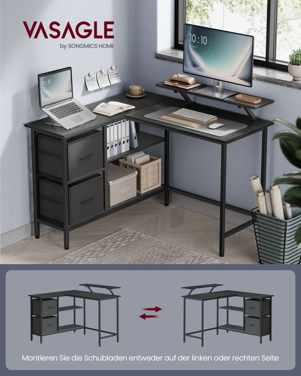 L-förmiger Schreibtisch mit Monitorständer – Eckschreibtisch mit 2 Schubladen und verstellbarem Regal – 135 x 105 x 89,5 cm