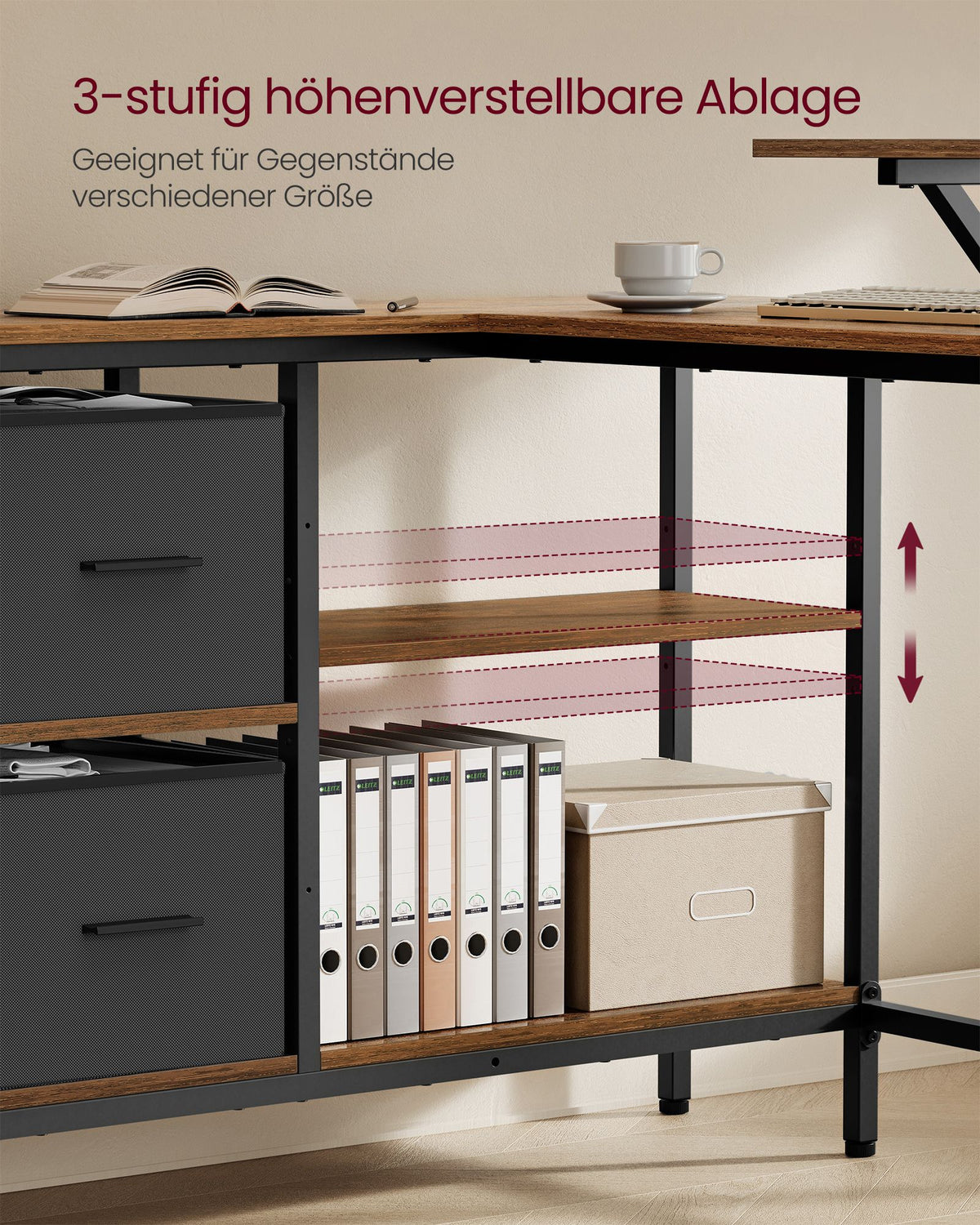 L-förmiger Schreibtisch mit Monitorständer – Eckschreibtisch mit 2 Schubladen und verstellbarem Regal – 135 x 105 x 89,5 cm