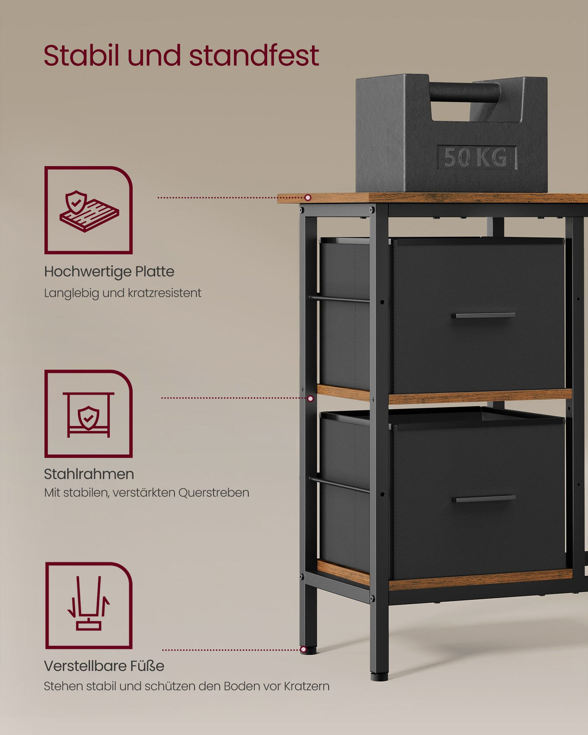 L-förmiger Schreibtisch mit Monitorständer – Eckschreibtisch mit 2 Schubladen und verstellbarem Regal – 135 x 105 x 89,5 cm