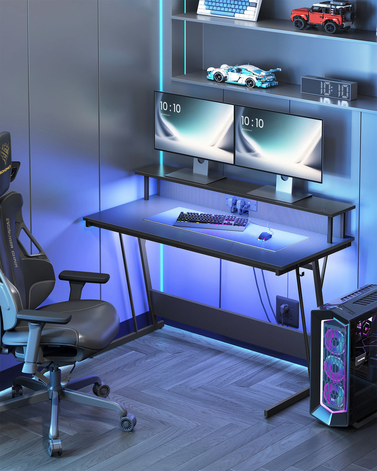 Gaming Schreibtisch mit LED - Gaming Tisch mit Steckdose und USB-Anschluss