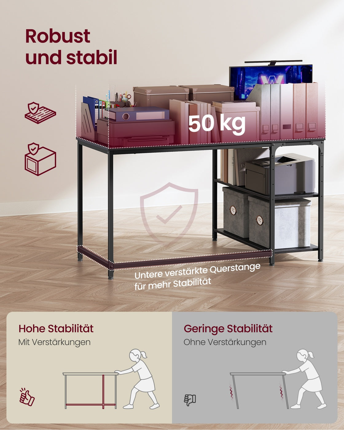 L-förmiger Eckschreibtisch mit Stauraum – Schreibtisch mit Steckdosen – Computertisch fürs Homeoffice