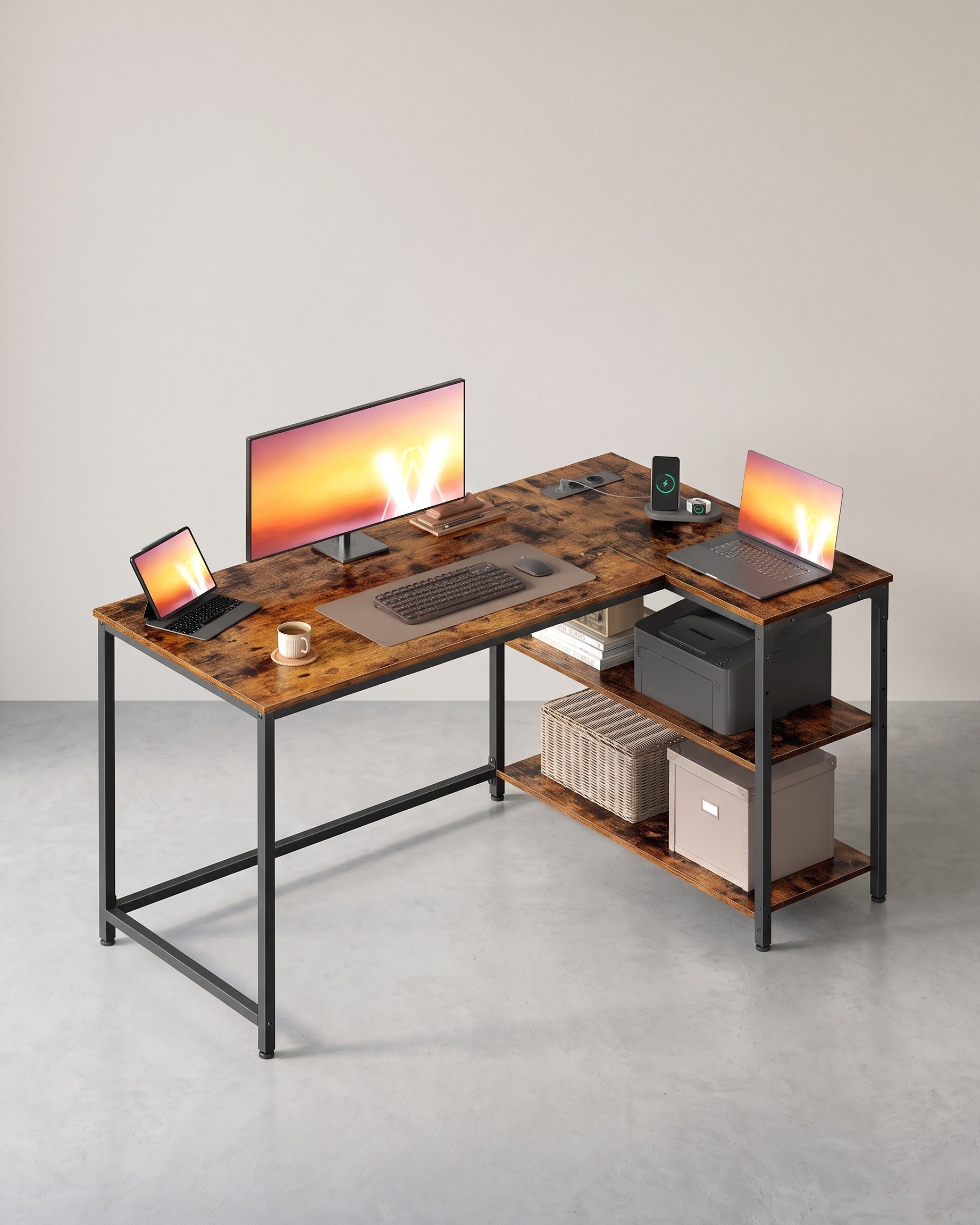 L-förmiger Eckschreibtisch mit Stauraum – Schreibtisch mit Steckdosen – Computertisch fürs Homeoffice – Braun