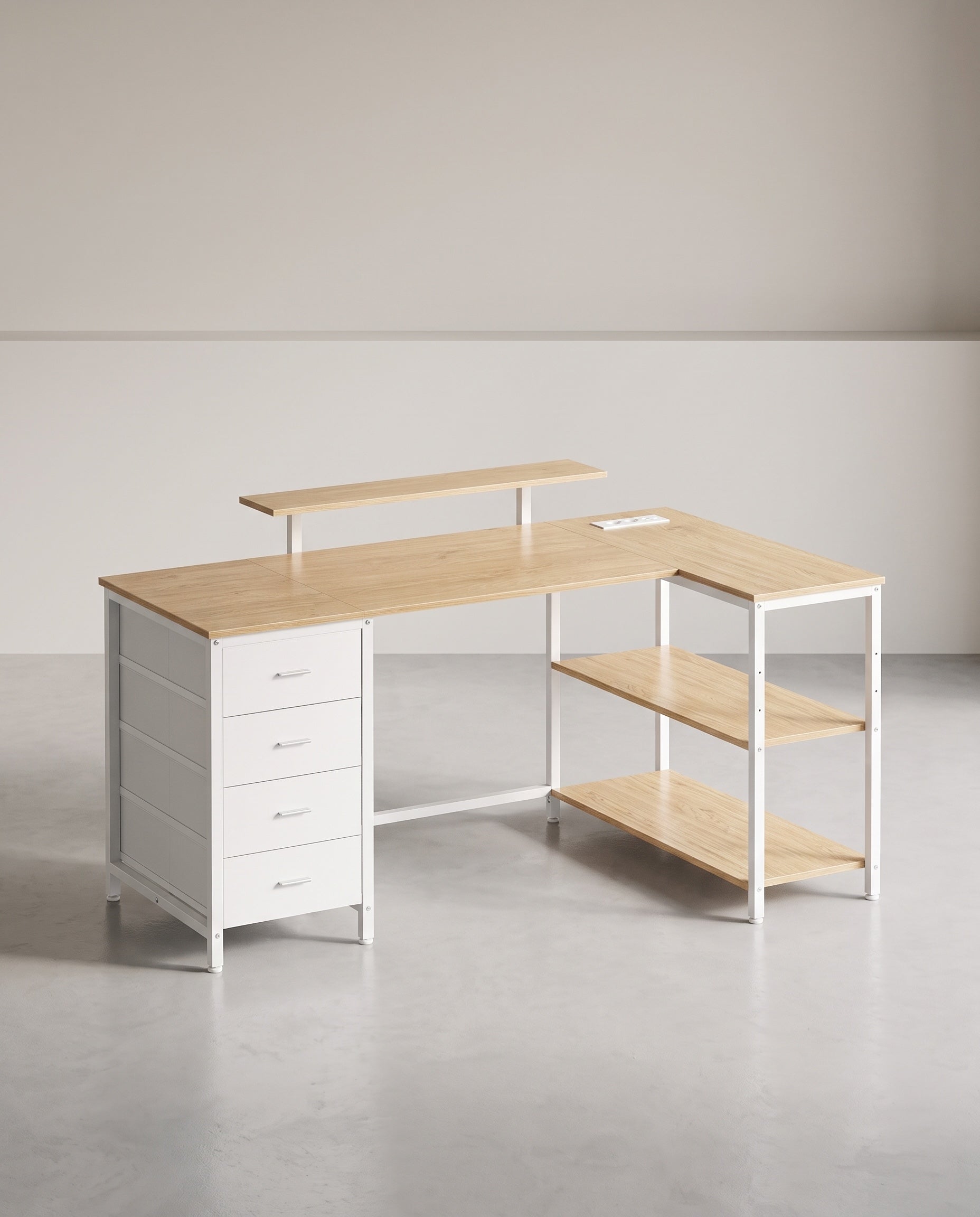 Eckschreibtisch Mit Steckdosen Und USB - L-Förmig - Mit Monitorständer Und Schubladenschrank