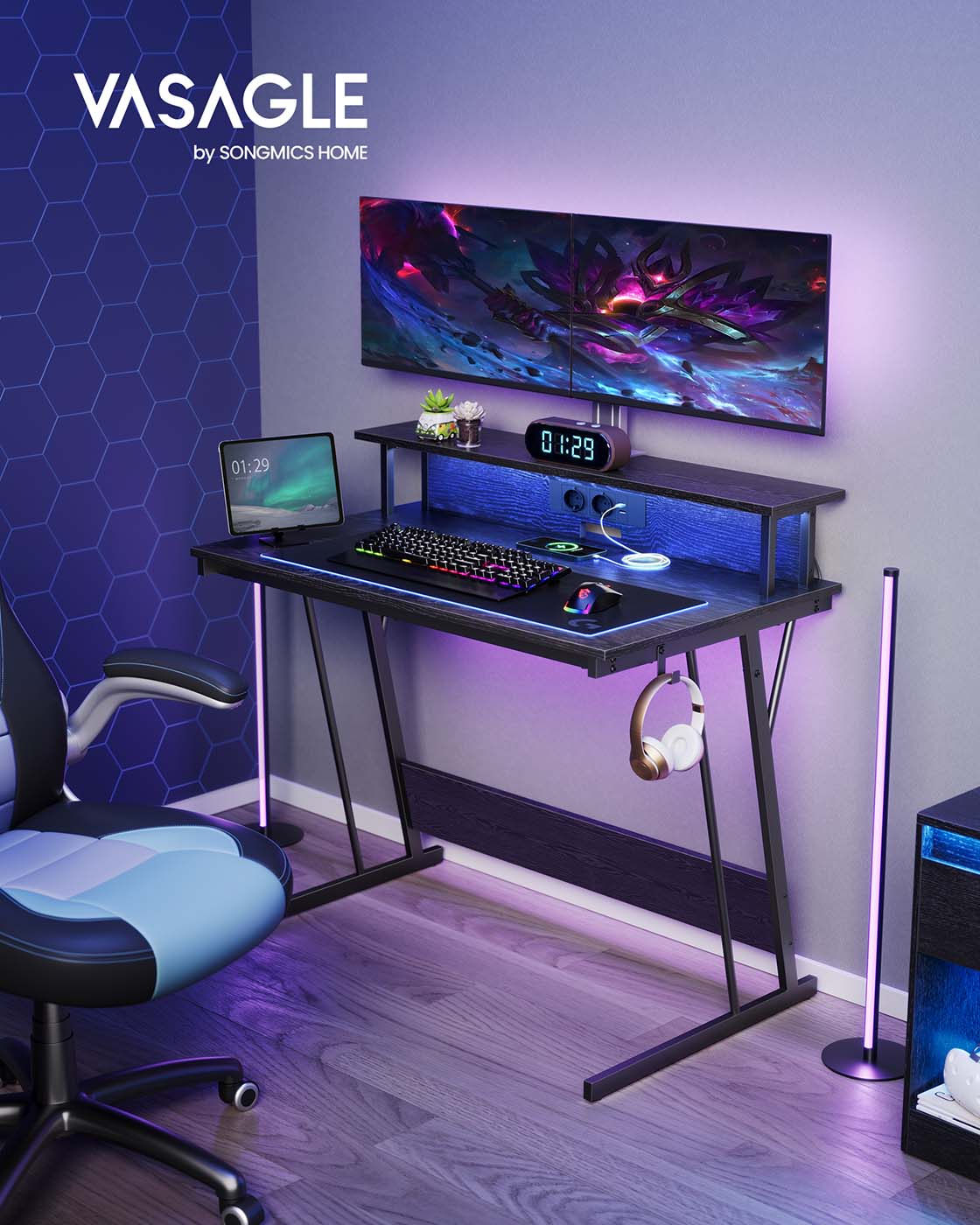 Gaming Schreibtisch mit LED - Gaming Tisch mit Steckdose und USB-Anschluss