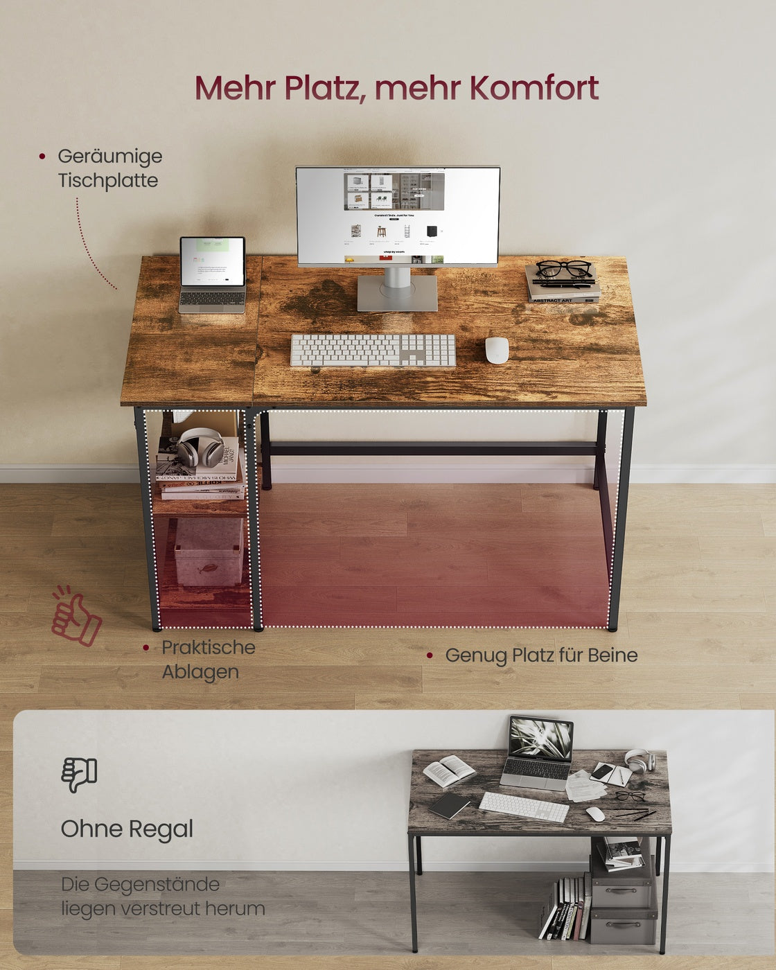 Schreibtisch - Computertisch - Schreibtisch mit 2 Ablageflächen rechts oder links - Industriedesign