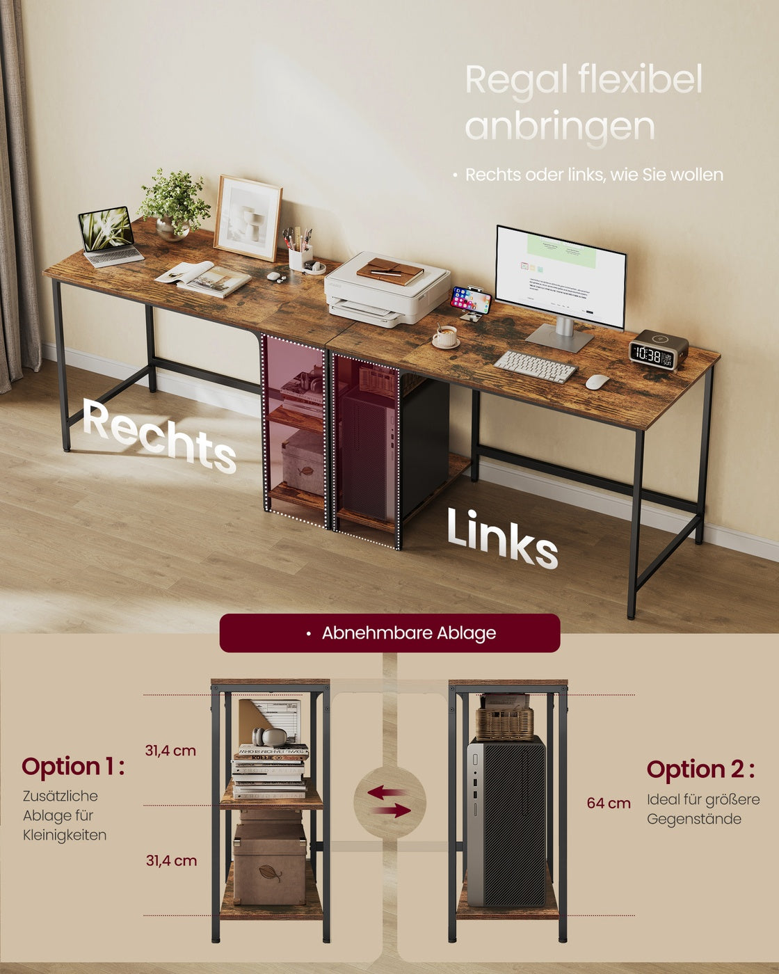 Schreibtisch - Computertisch - Schreibtisch mit 2 Ablageflächen rechts oder links - Industriedesign
