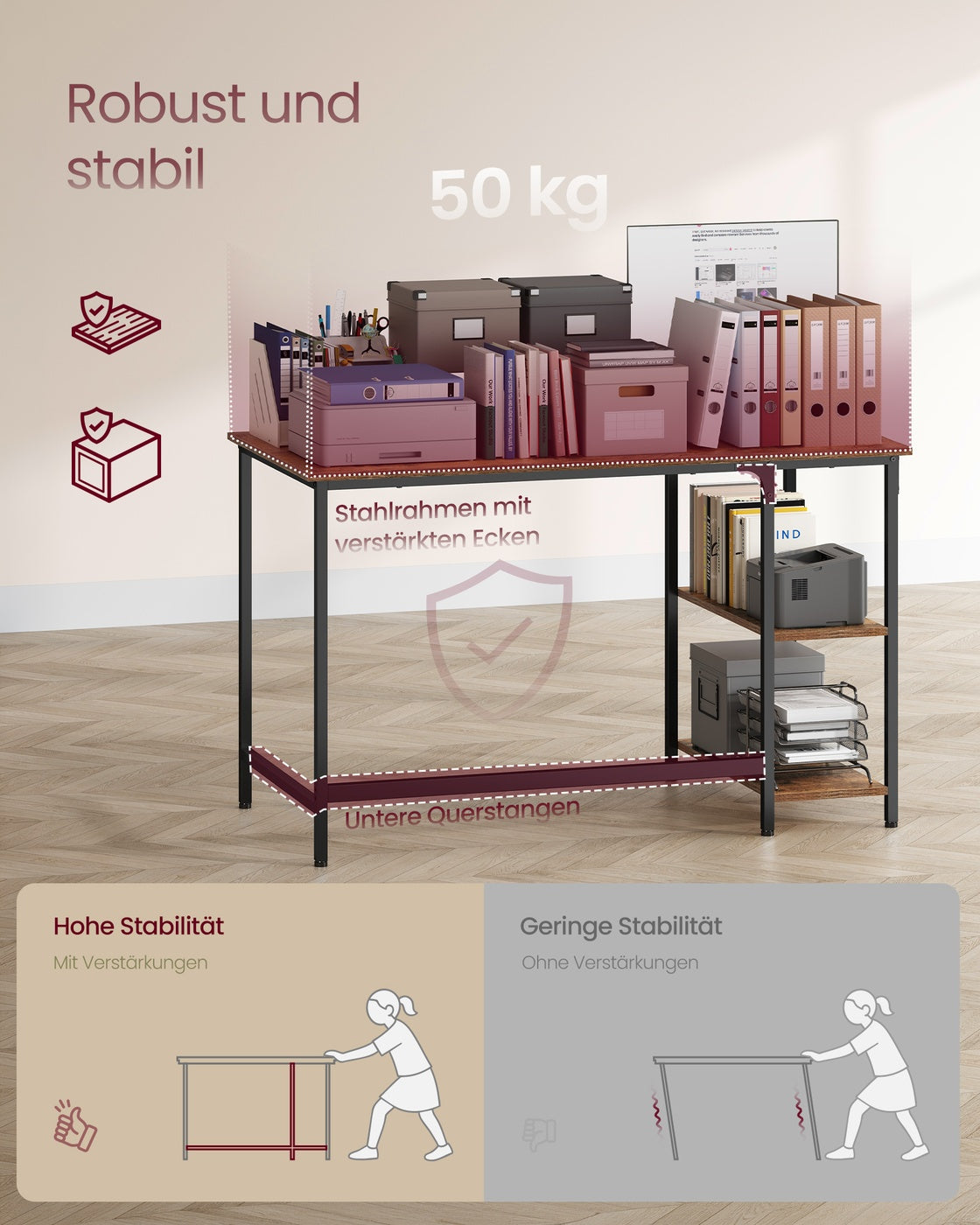 Schreibtisch - Computertisch - Schreibtisch mit 2 Ablageflächen rechts oder links - Industriedesign