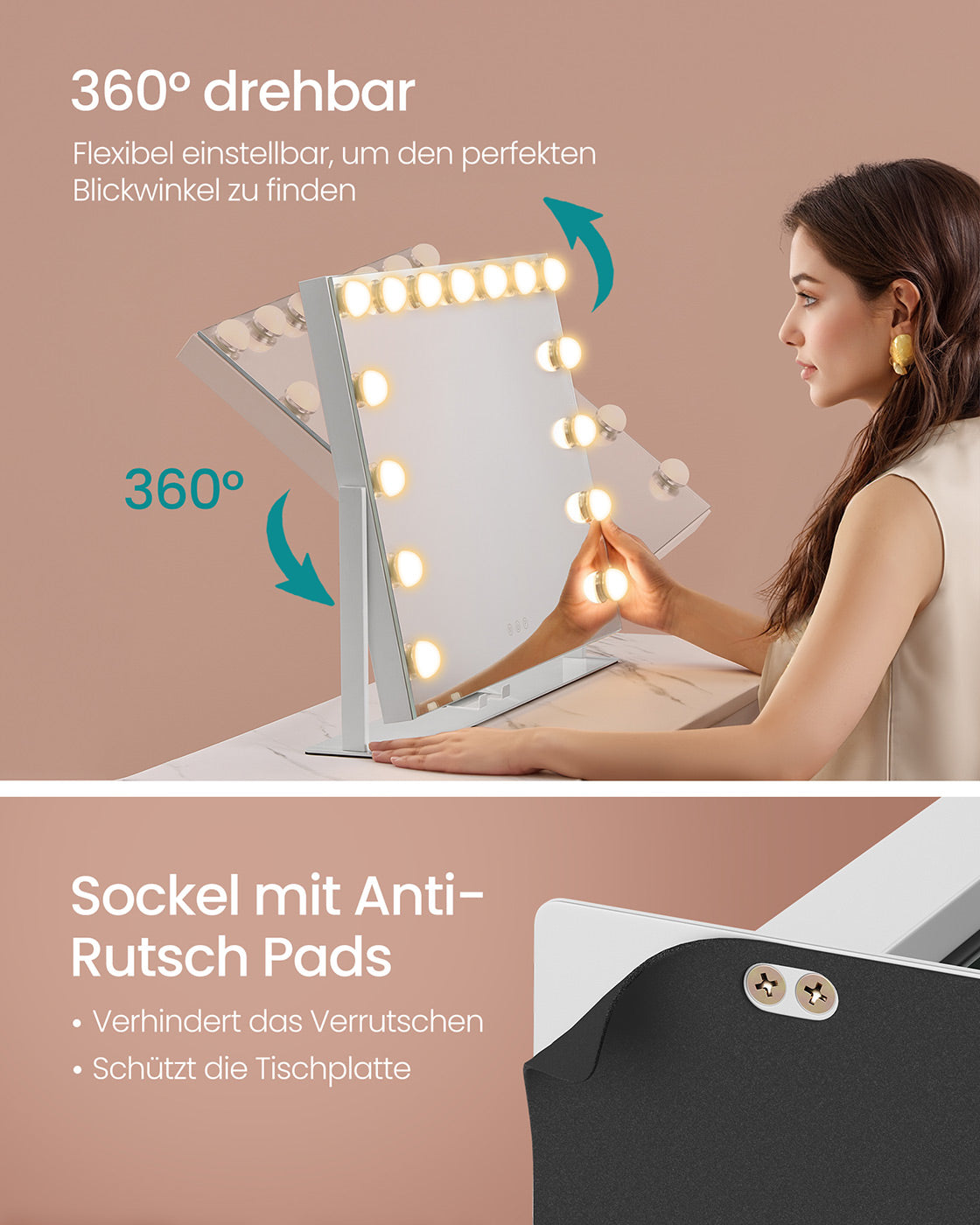 Kosmetikspiegel mit LED-Beleuchtung – 3 Lichtfarben – 360° Drehbar – USB-A & USB-C – 10-fache Vergrößerung