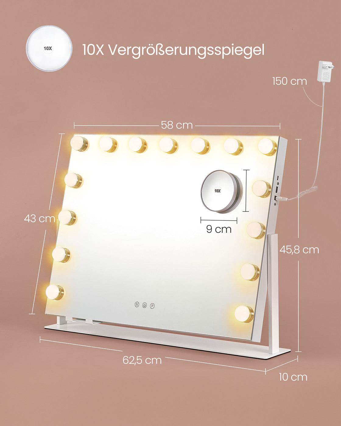 Kosmetikspiegel mit LED-Beleuchtung – 3 Lichtfarben – 360° Drehbar – USB-A & USB-C – 10-fache Vergrößerung