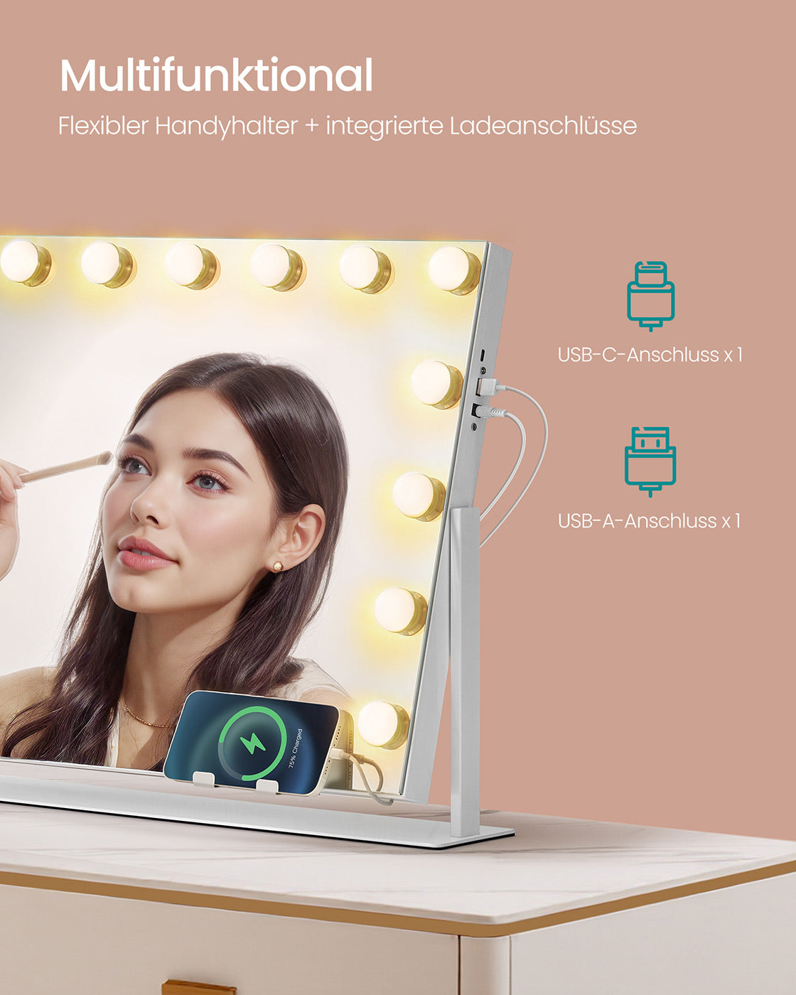 Kosmetikspiegel mit LED-Beleuchtung – 3 Lichtfarben – 360° Drehbar – USB-A & USB-C – 10-fache Vergrößerung