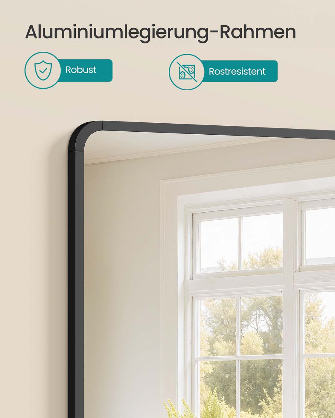 Wandspiegel – Rechteckig – Aluminiumrahmen – 91 x 61 cm – Bruchsicheres Glas – Kann horizontal und vertikal aufgehängt werden