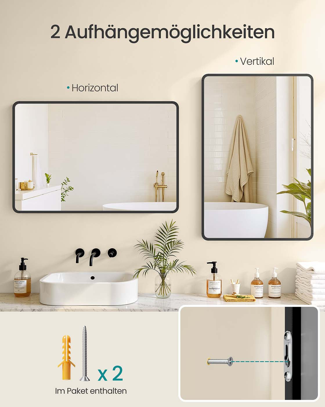 Wandspiegel – Rechteckig – Aluminiumrahmen – 91 x 61 cm – Bruchsicheres Glas – Kann horizontal und vertikal aufgehängt werden