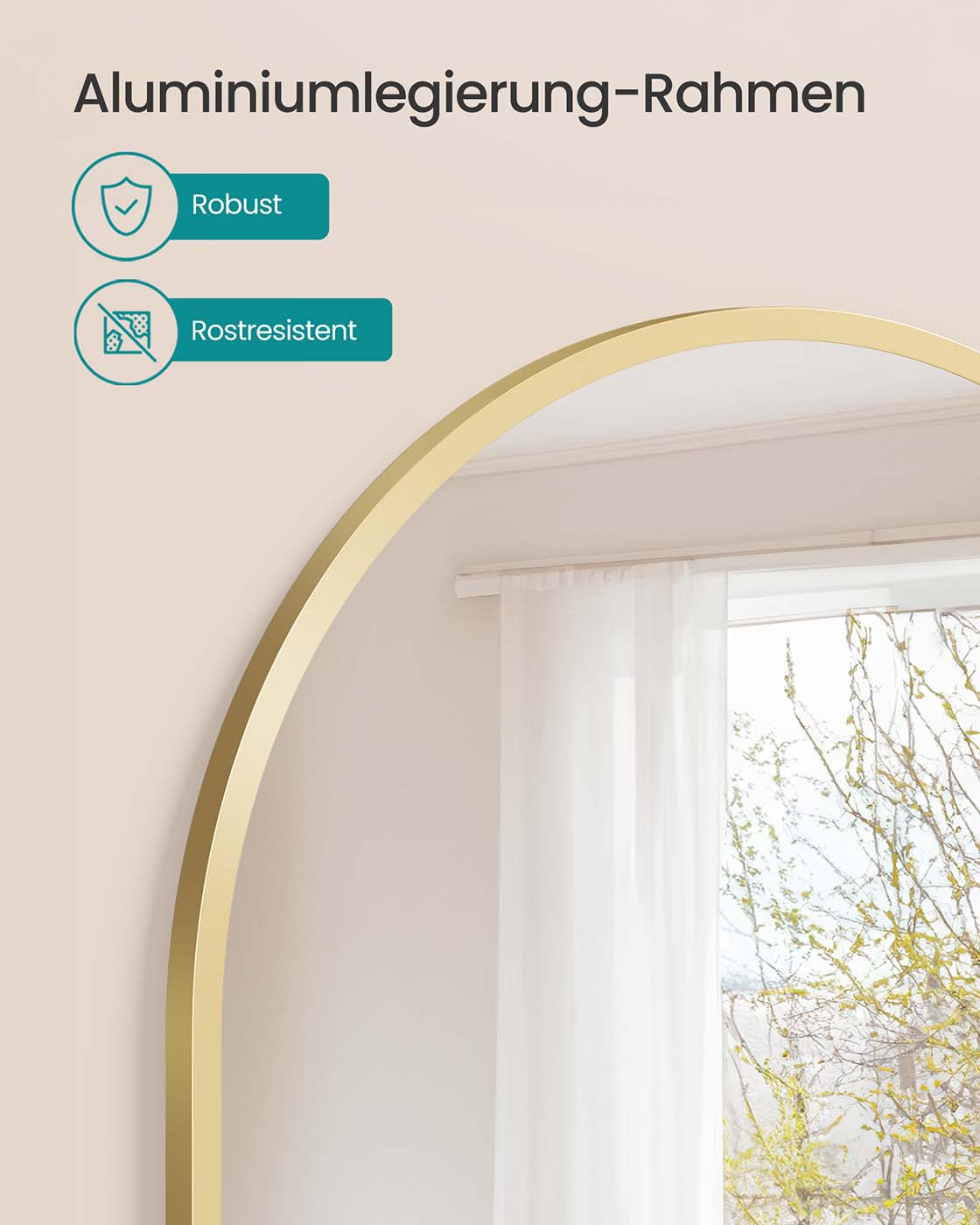 Wandspiegel mit Aluminiumrahmen – Ovales Design – Bruchsicheres Sicherheitsglas – 91 x 61 cm