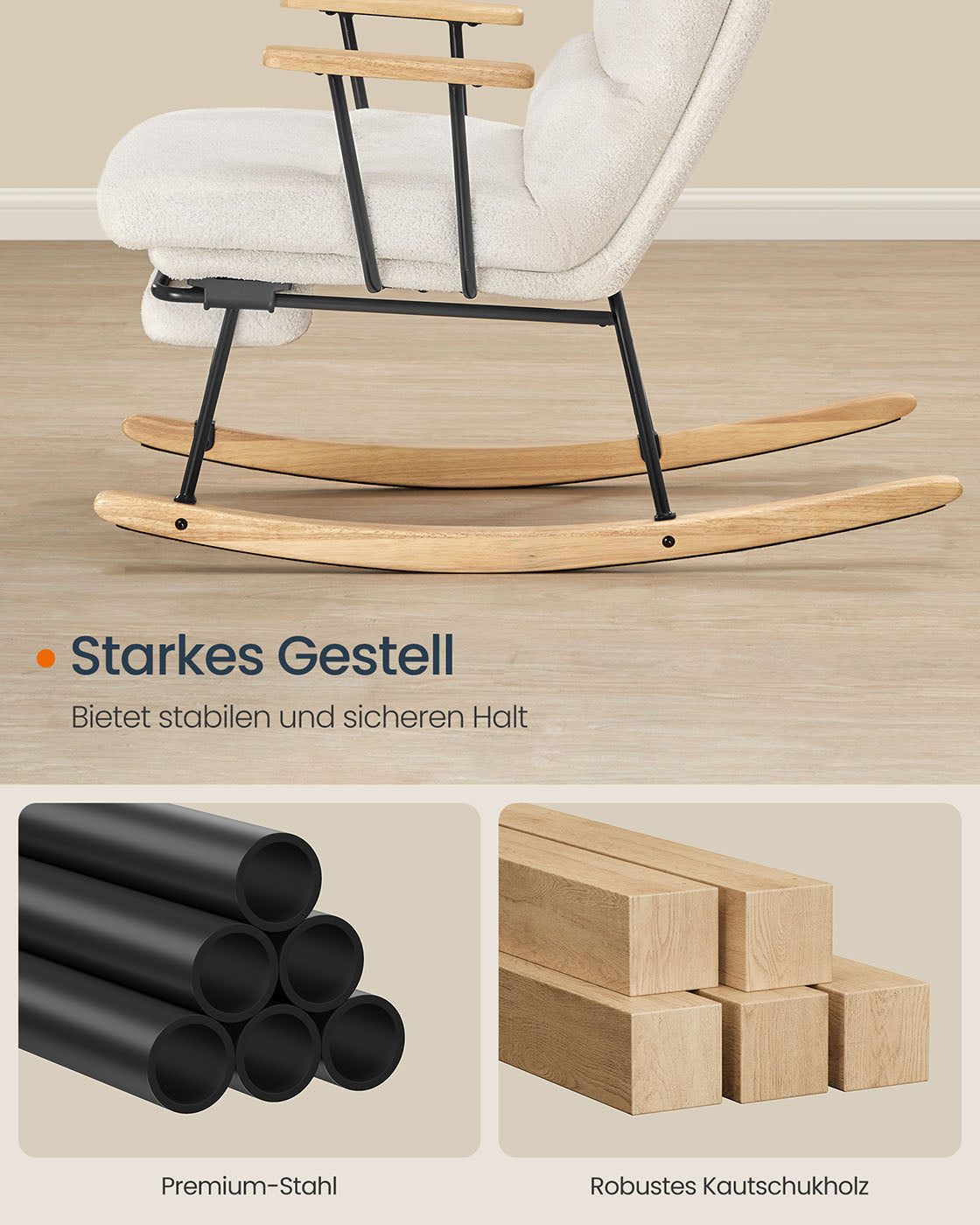 Schaukelstuhl mit verstellbarer Rückenlehne und Fußstütze – Cremeweiß – 97 x 67 x 100 cm