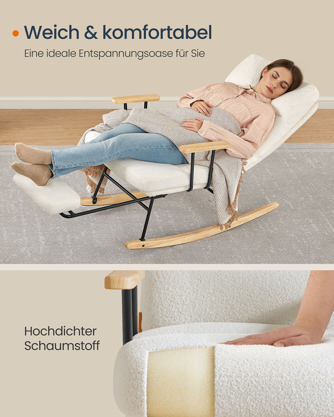Schaukelstuhl mit verstellbarer Rückenlehne und Fußstütze – Cremeweiß – 97 x 67 x 100 cm