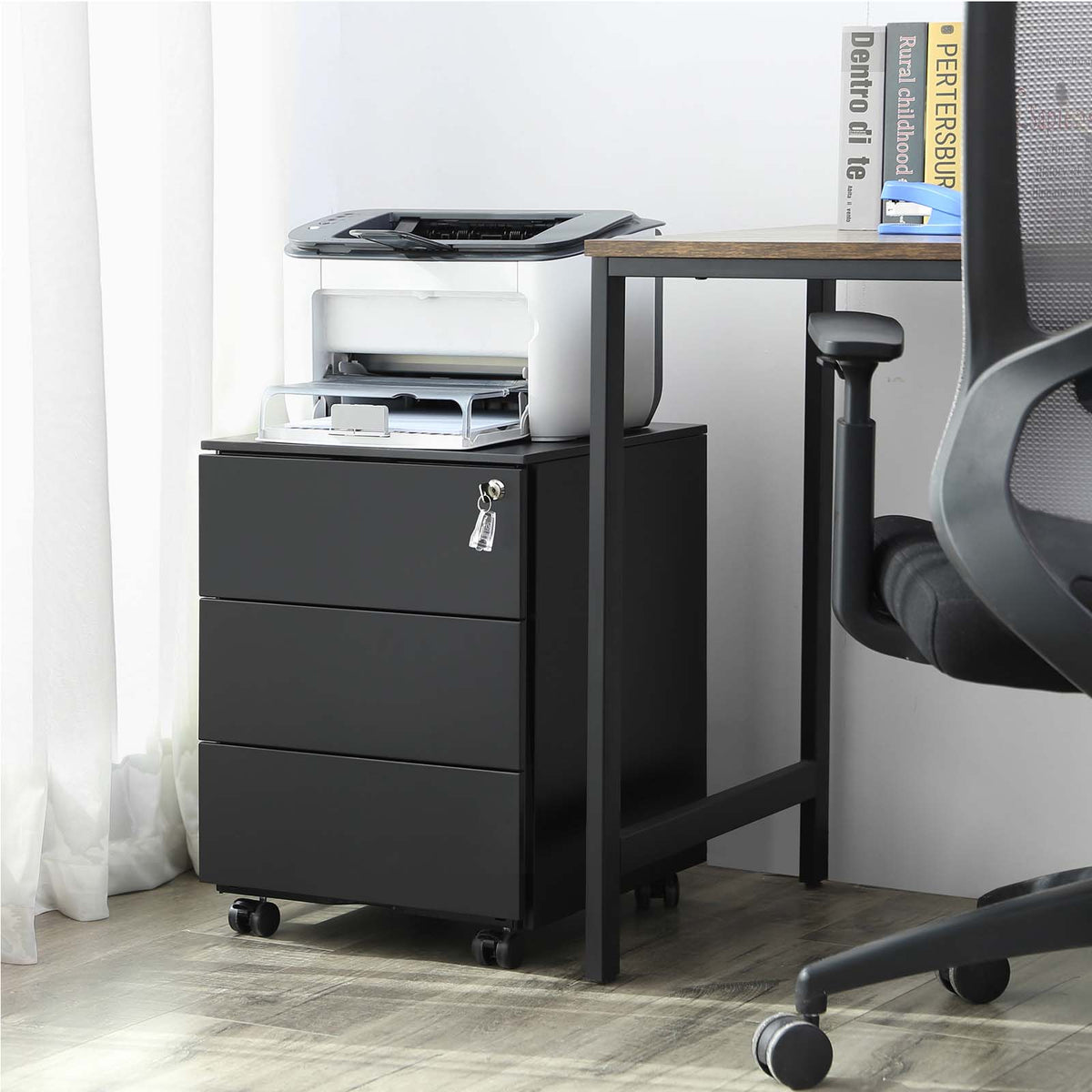 Metallschubladenschrank mit 3 Schubladen – Kompakter Büroschrank auf Rollen – Robustes und sicheres Design