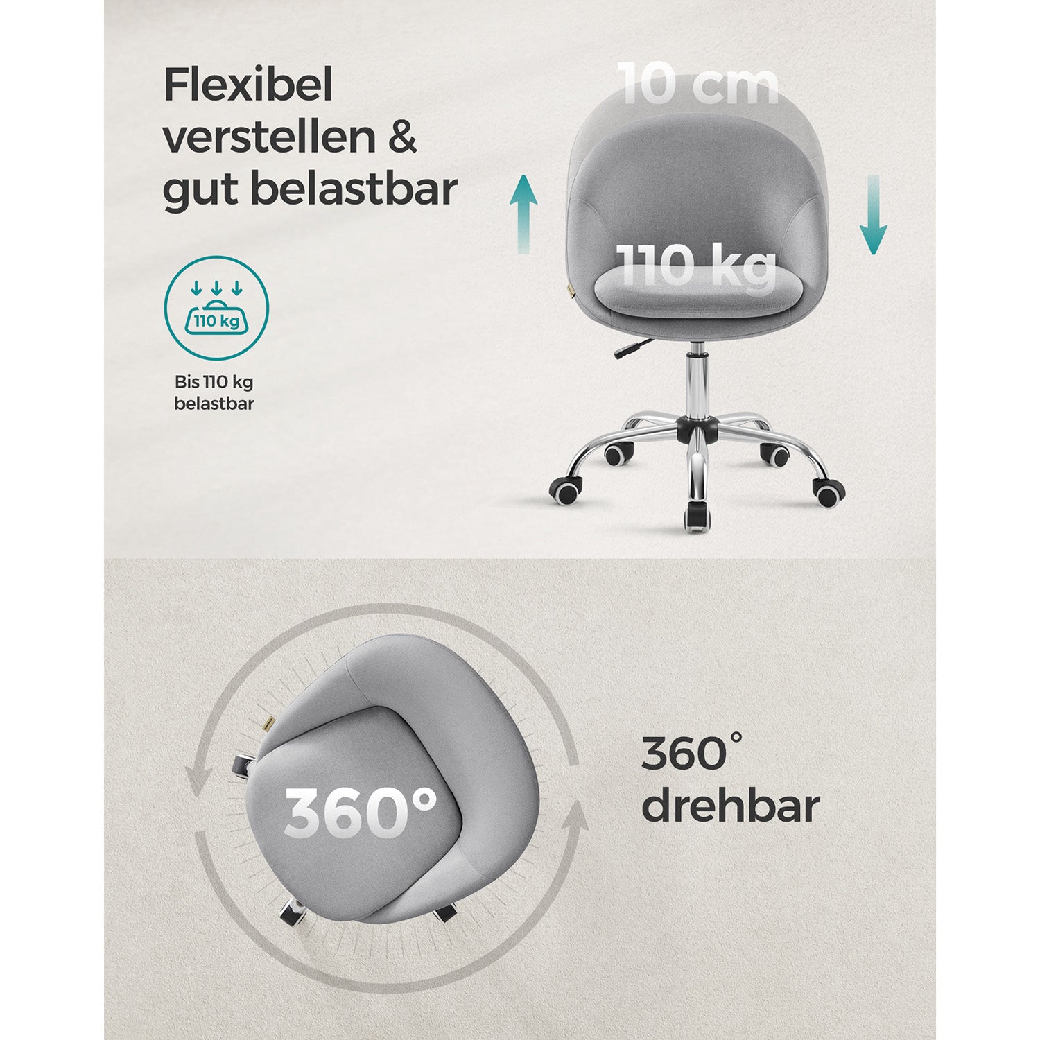 Drehstuhl ohne Armlehnen - Kompakter Bürostuhl - 360° verstellbarer Stuhl