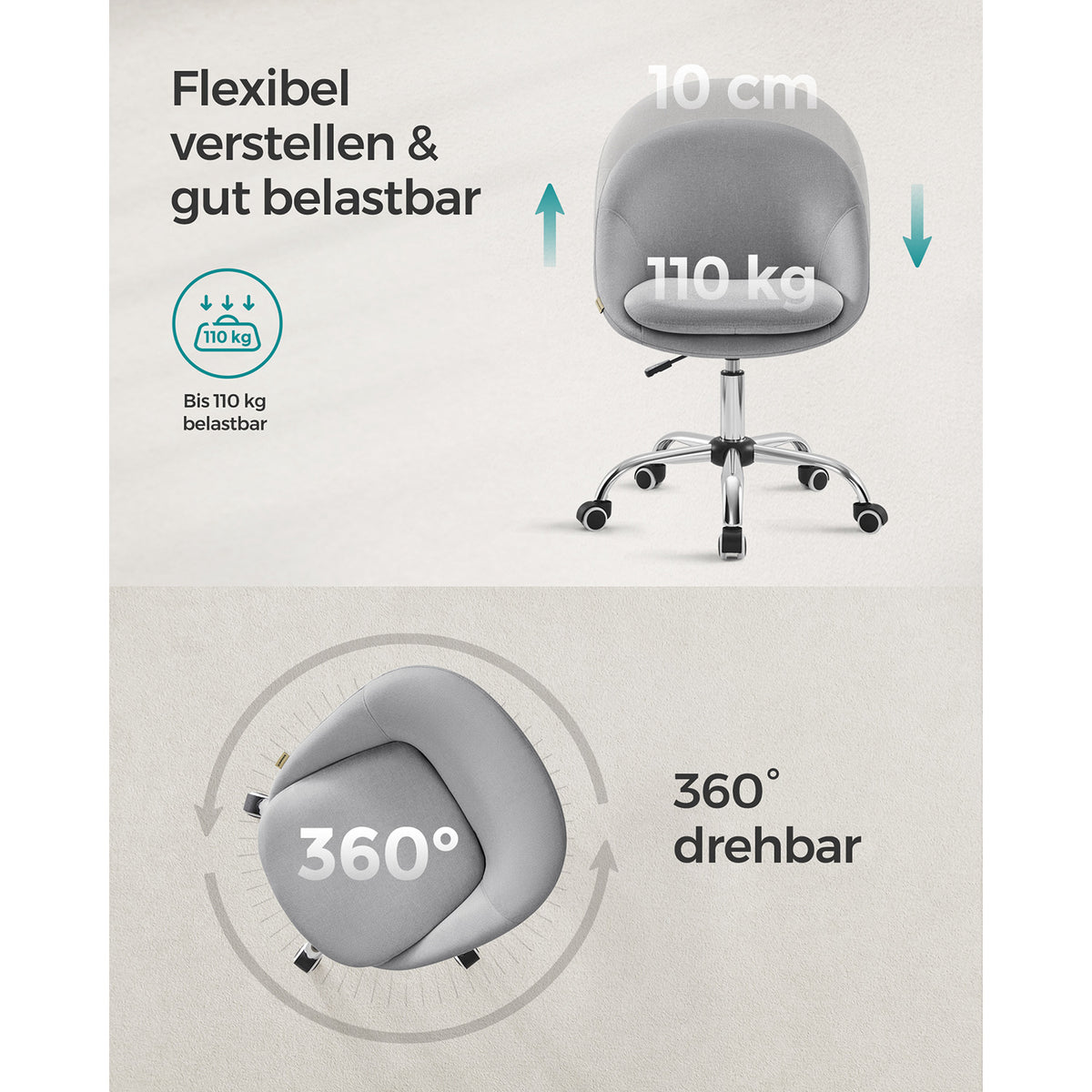 Drehstuhl ohne Armlehnen - Kompakter Bürostuhl - 360° verstellbarer Stuhl