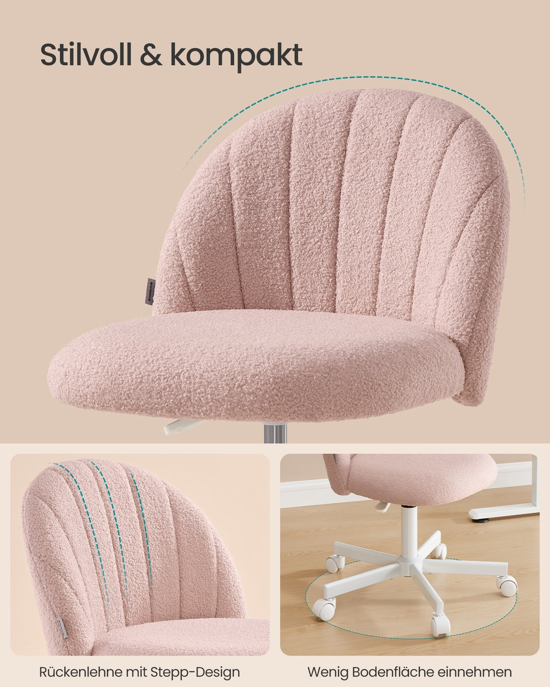 Drehstuhl – Kompaktes Design – Fleecebezug – Höhenverstellbar – 360°-Rollen – Ergonomische Rückenlehne