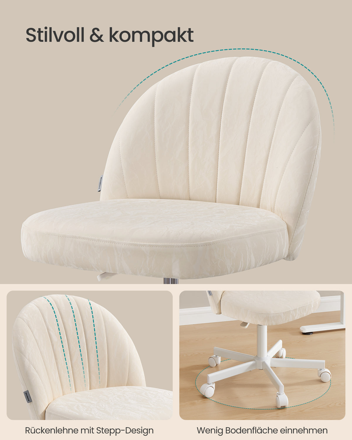 Drehstuhl – Kompaktes Design – Weicher Bezug – Höhenverstellbar – 360°-Rollen – Ergonomische Rückenlehne