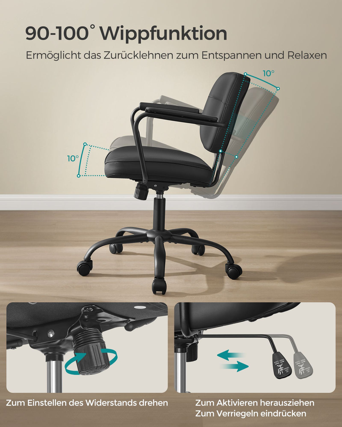 Bürostuhl Kunstleder – Ergonomisch, drehbar und höhenverstellbar – Mit Wippfunktion und breiten Armlehnen