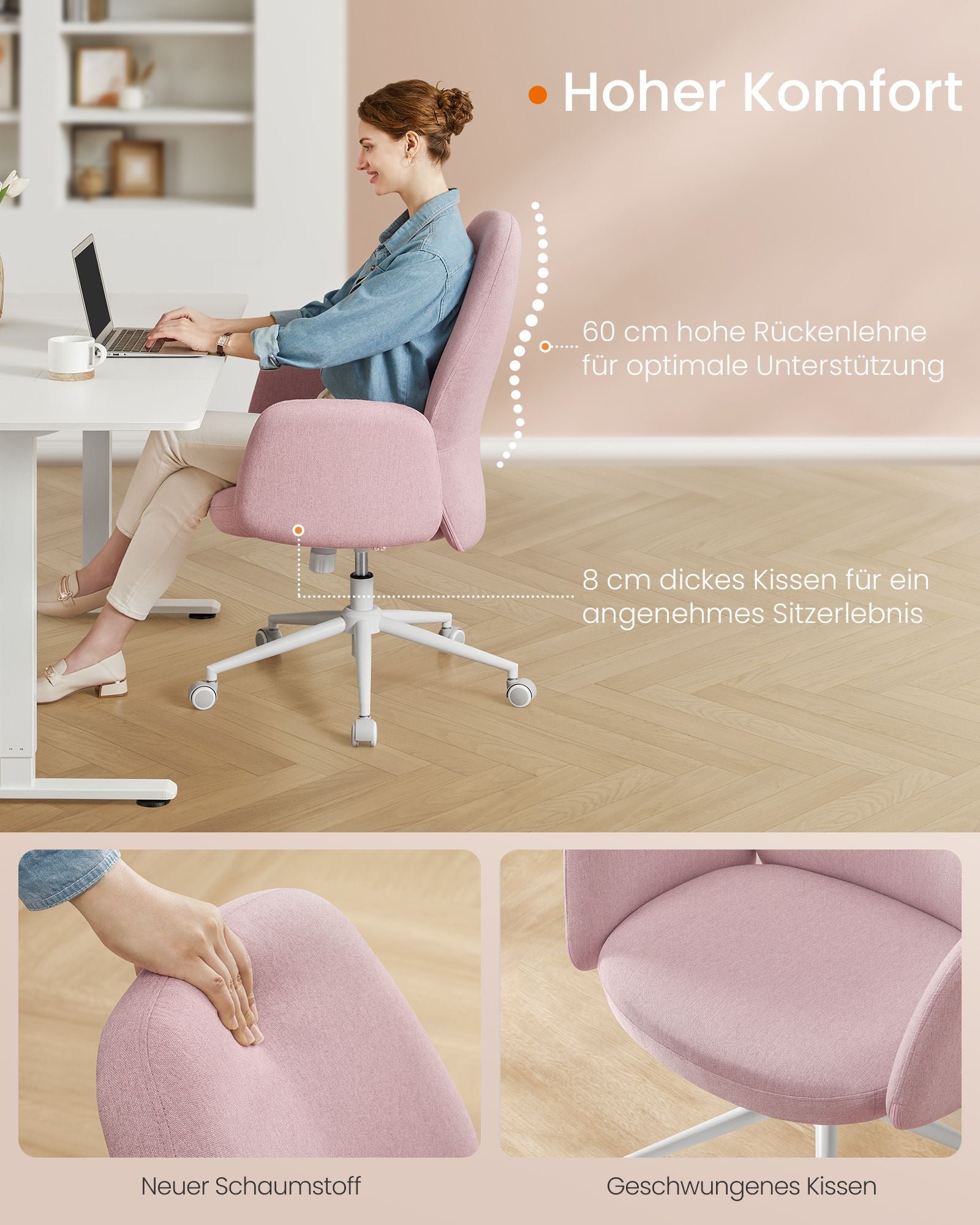 Ergonomischer Bürostuhl – Atmungsaktives Leinen-Mischgewebe – Verstellbar – Modernes Design – Bis 150 kg belastbar