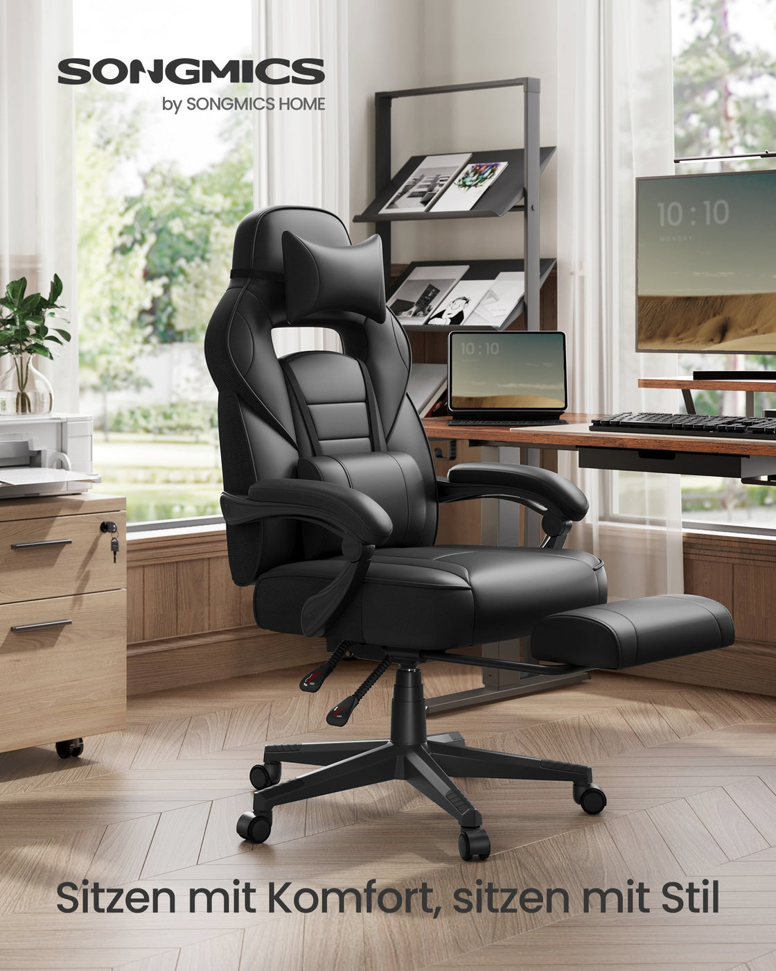 Gaming-Stuhl – Ergonomischer Gaming-Stuhl – Verstellbarer Bürostuhl – Kopfstütze und Fußstütze