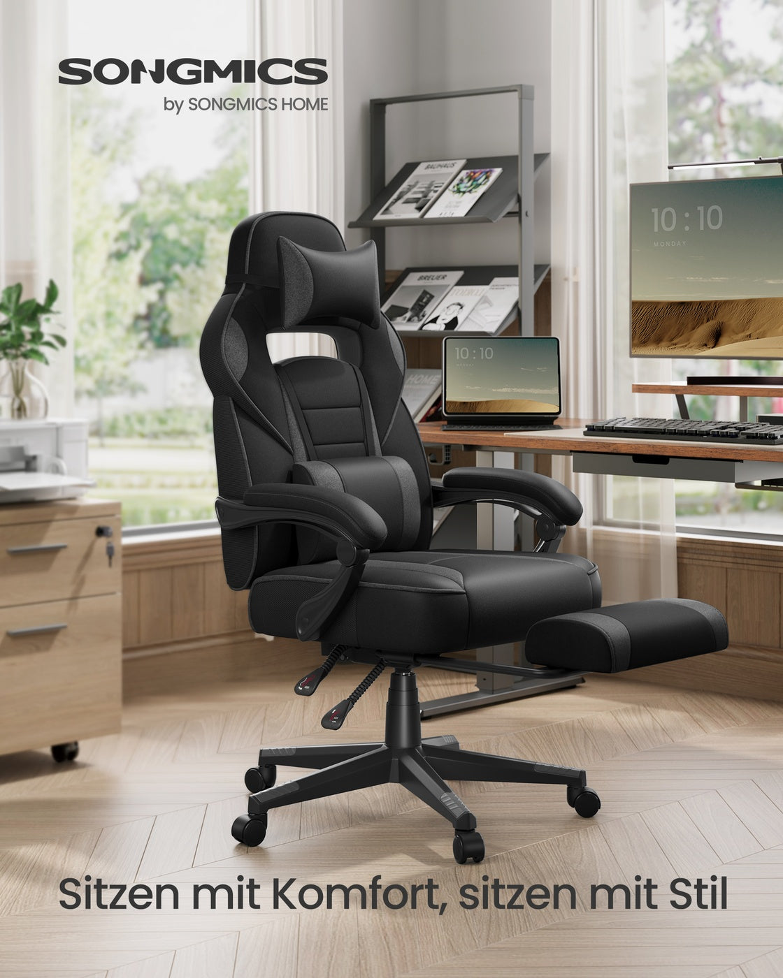 Gaming-Stuhl – Ergonomischer Gaming-Stuhl – Verstellbarer Bürostuhl – Kopfstütze und Fußstütze