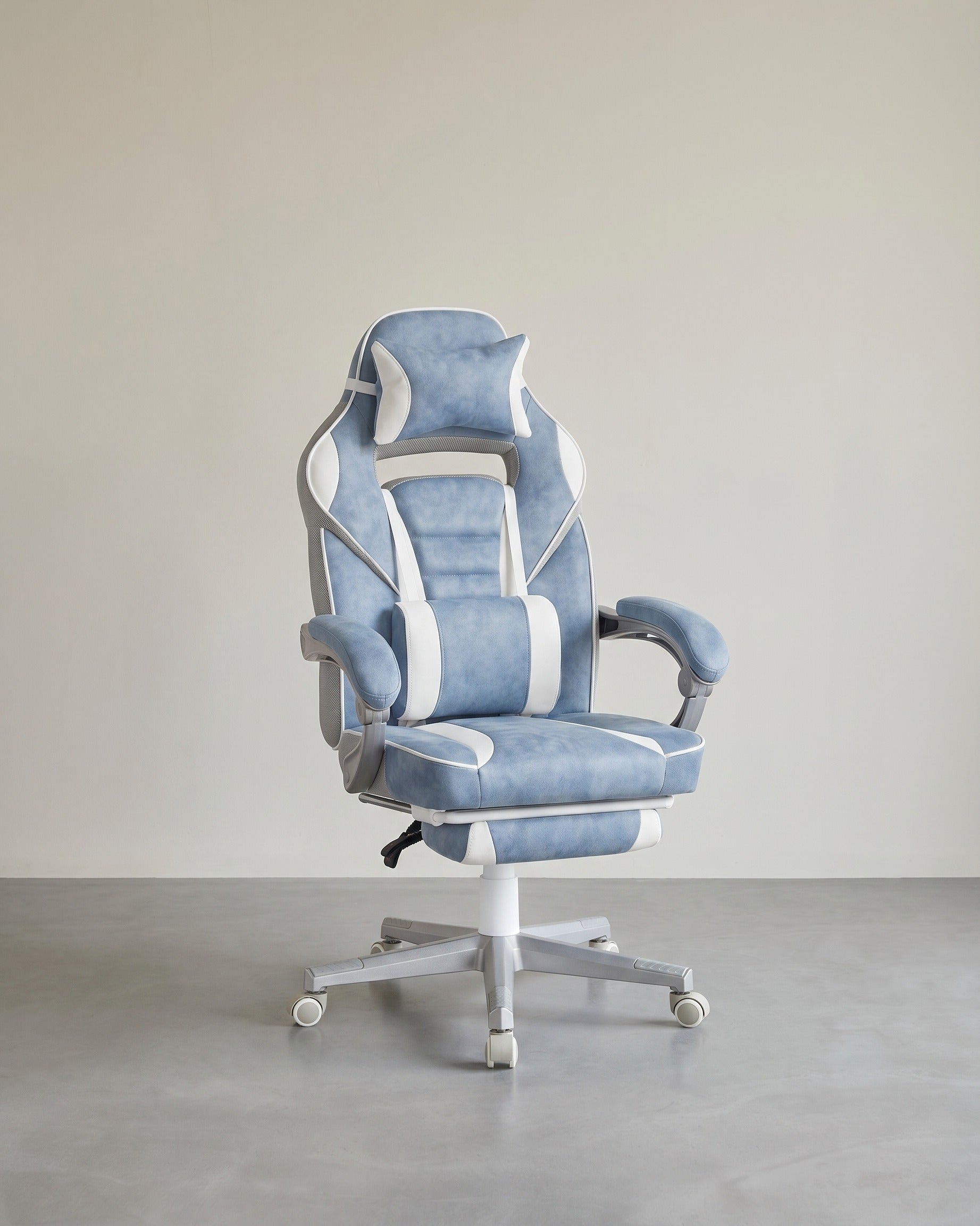 Gaming-Stuhl – Ergonomischer Gaming-Stuhl – Verstellbarer Bürostuhl – Kopfstütze und Fußstütze – Hellblau