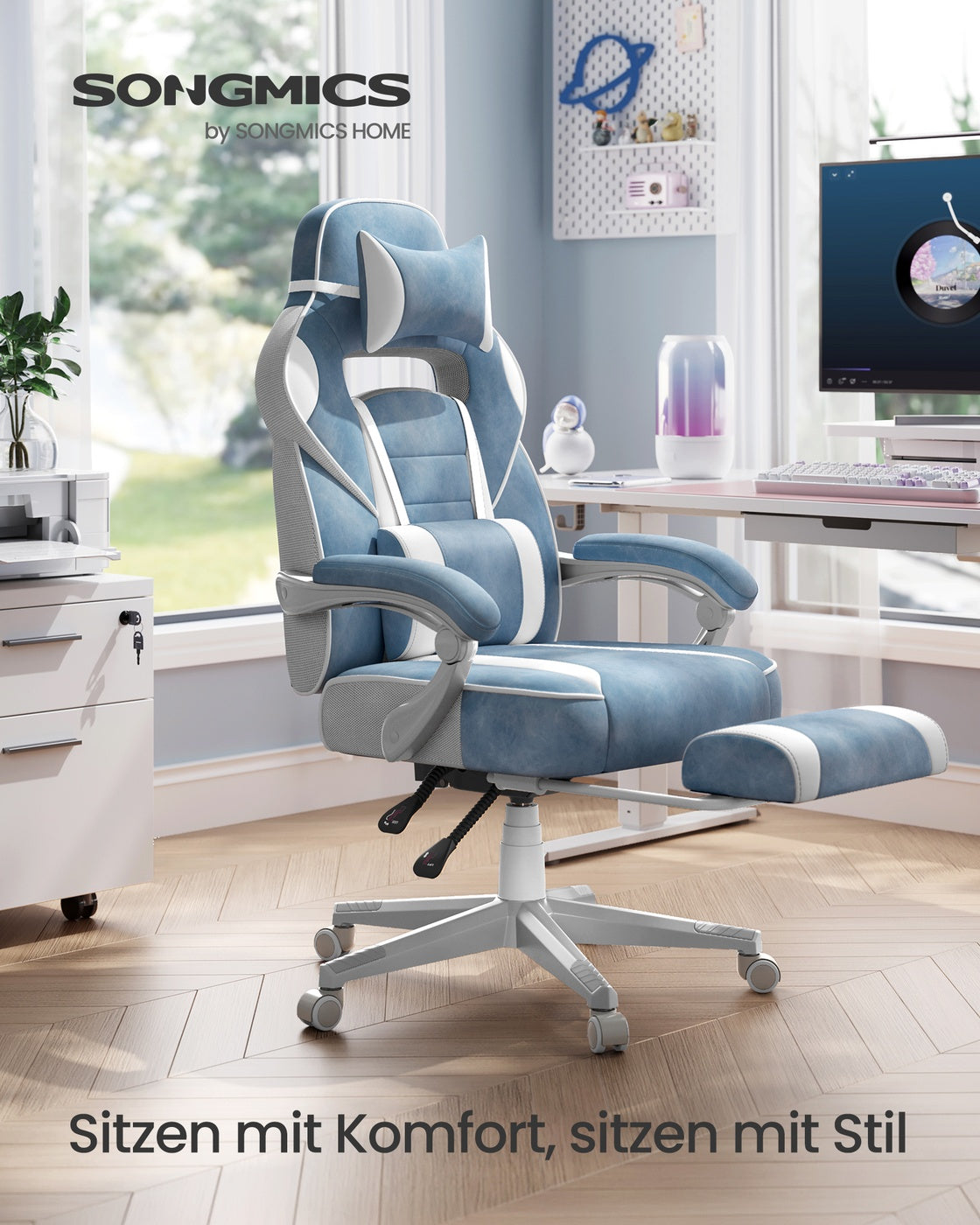 Gaming-Stuhl – Ergonomischer Gaming-Stuhl – Verstellbarer Bürostuhl – Kopfstütze und Fußstütze